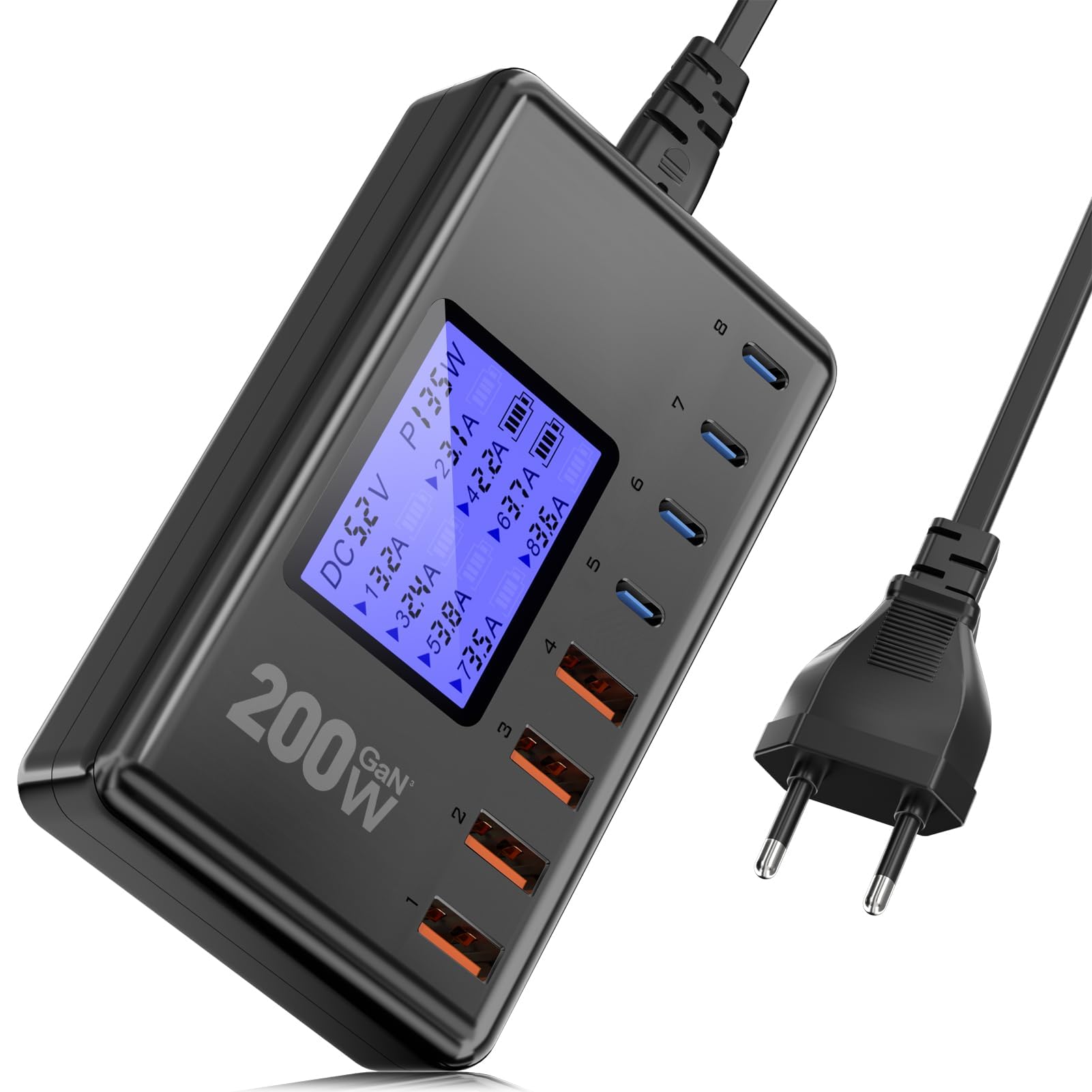 200W GaN USB C Fast Charger with 8 Ports - 4x 30W PD USB-C & 4x 18W QC USB-A - Compatible with iPhone 15/14/13 Pro/Max, iPad, Samsung Galaxy S24/S23 - Perfect for Home, Office & Travel Charging Multiple Devices Simultaneously