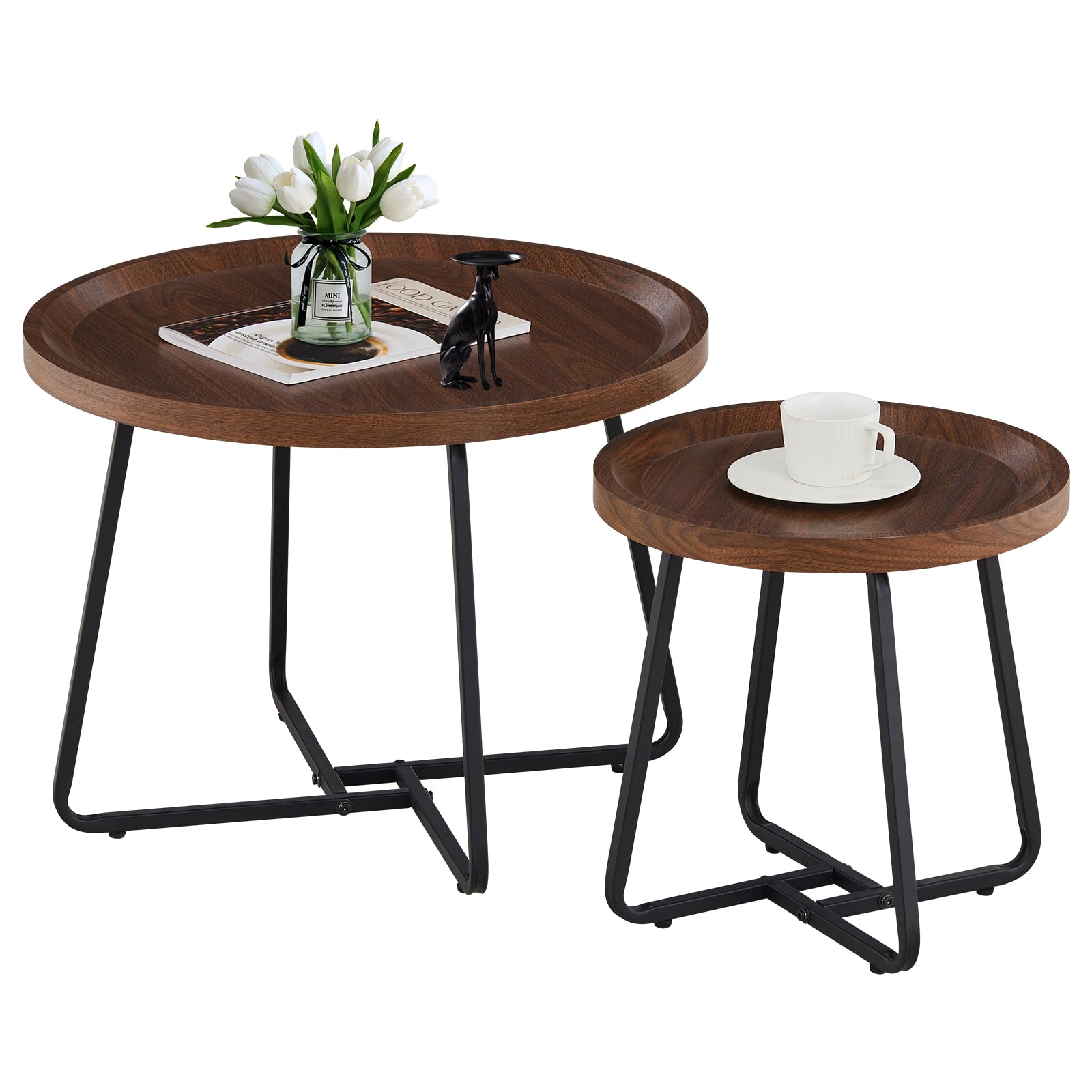 TUKAILAi 2-Piece Round Nesting Coffee Table Set - Walnut Finish with Metal Legs & Adjustable Foot Pads, Circular End Tables with Raised Edge Design for Living Room, Bedroom, Lounge - Perfect for Small Spaces & Modern Home Decor (Brown)