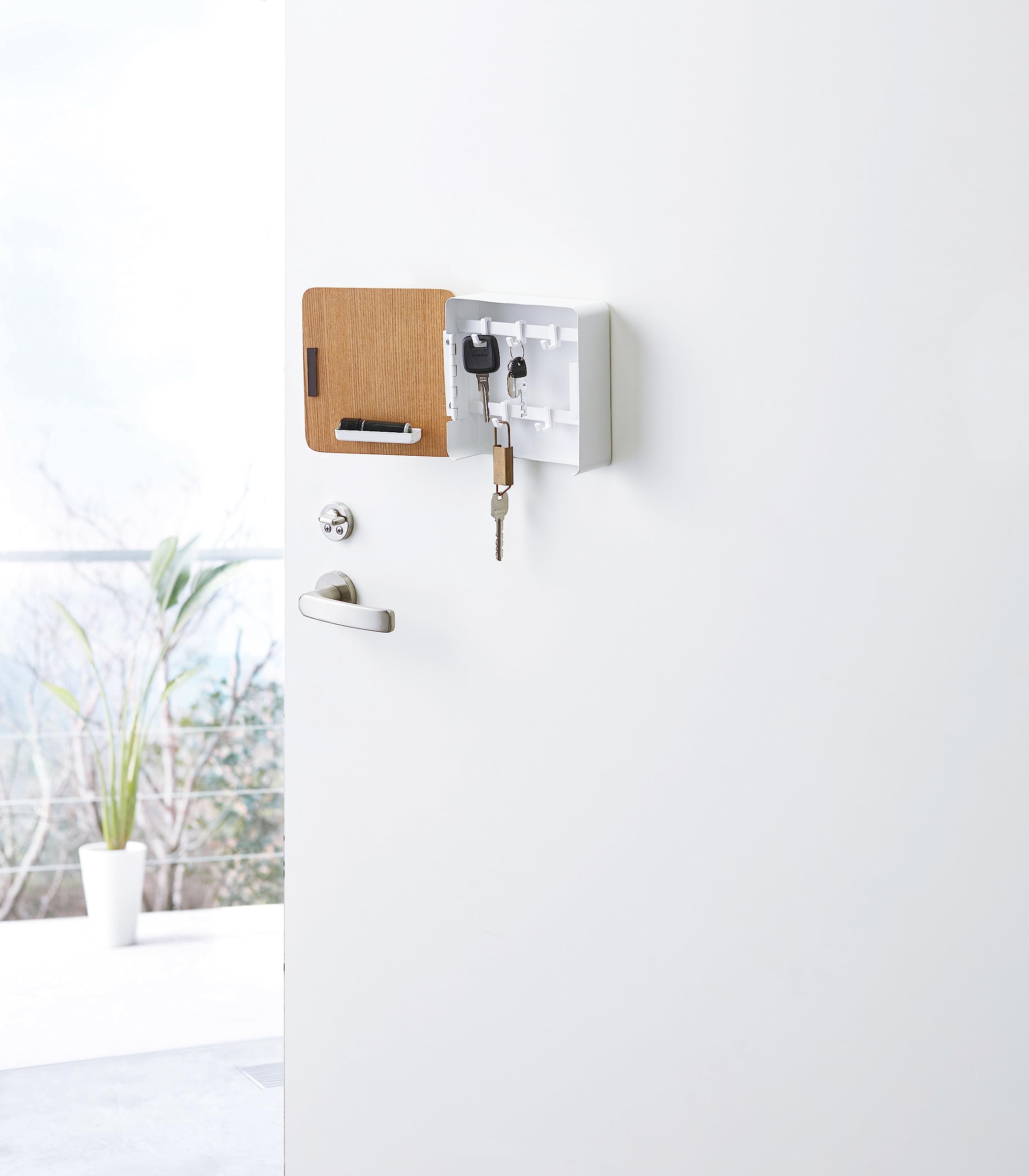 Yamazaki Home Rin Square Magnetic Key Cabinet - Wood Accented Key Organizer with Steel Frame - Perfect for Entryway, Mudroom & Home Organization