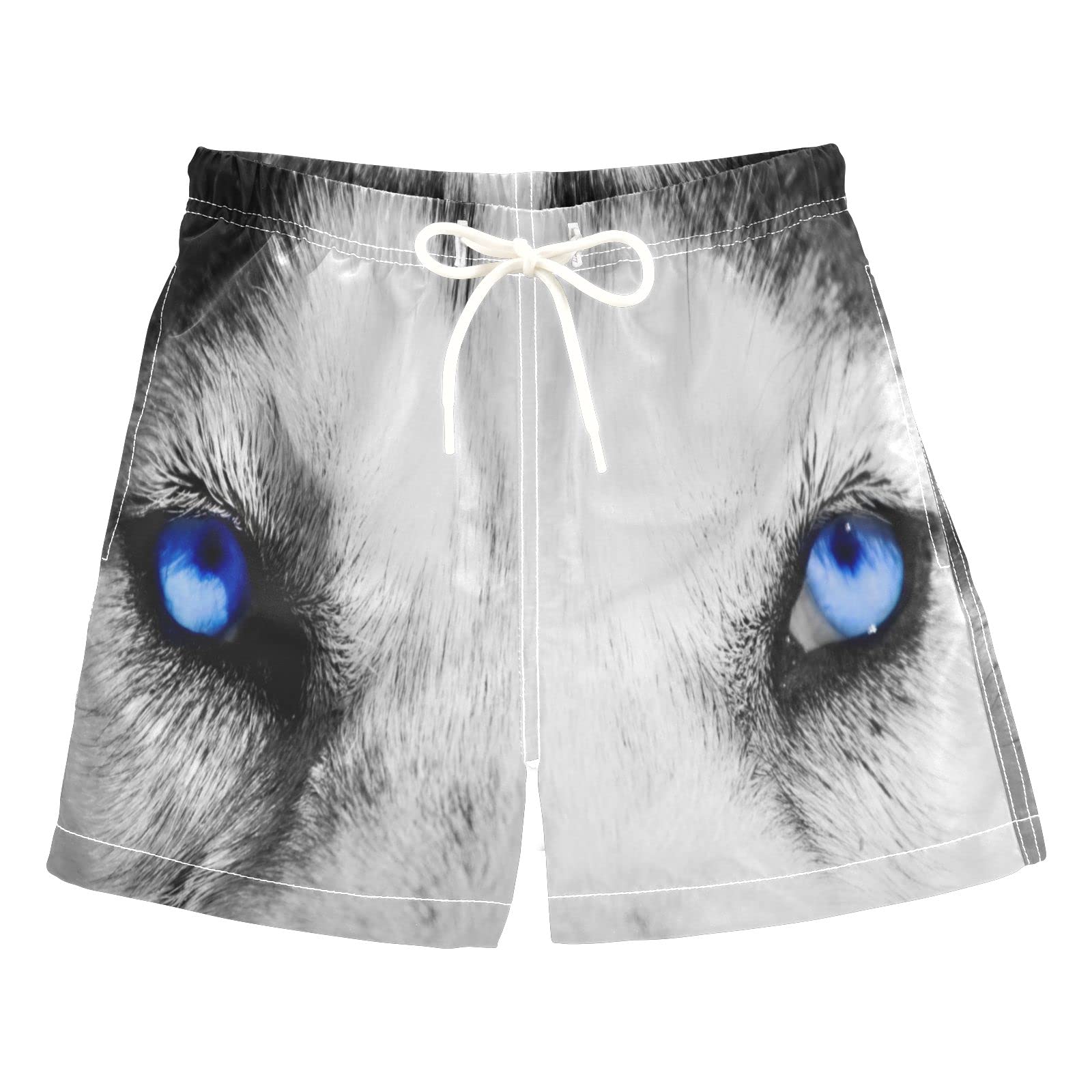 **Boys Blue Wolf Eyes Swim Trunks with Mesh Lining - Quick Dry Adjustable Waist Swim Shorts for Beach, Pool & Summer Water Activities**