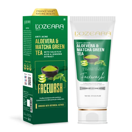 LOZEARA BEAUTY N.Y Anti-Acne Face Wash with Aloe Vera & Matcha Green Tea - 120ml Cleanser for Oily & Sensitive Skin - Deep Cleansing & Pore Minimizing - Perfect for Daily Skincare Routine & Acne Treatment