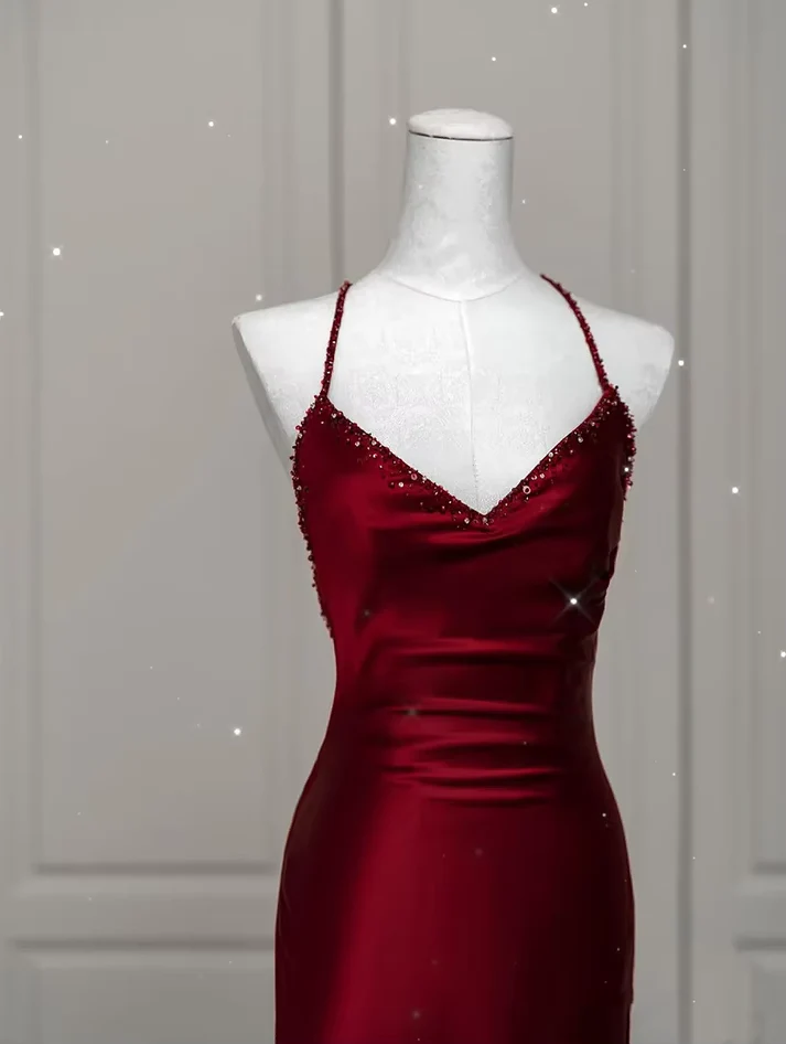 Burgundy Satin Mermaid Prom Dress with Spaghetti Straps & Backless Design - Elegant Evening Gown for Homecoming, Formal Dances & Special Occasions