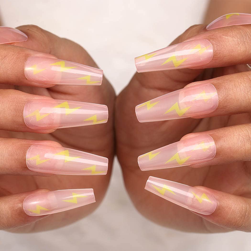 Extra Long Coffin Press on Nails - 24pcs Glossy Acrylic Fake Nails with Elegant Designs for Women & Girls | Ballerina False Nails for Parties, Weddings, and Special Occasions (Lightning Style)