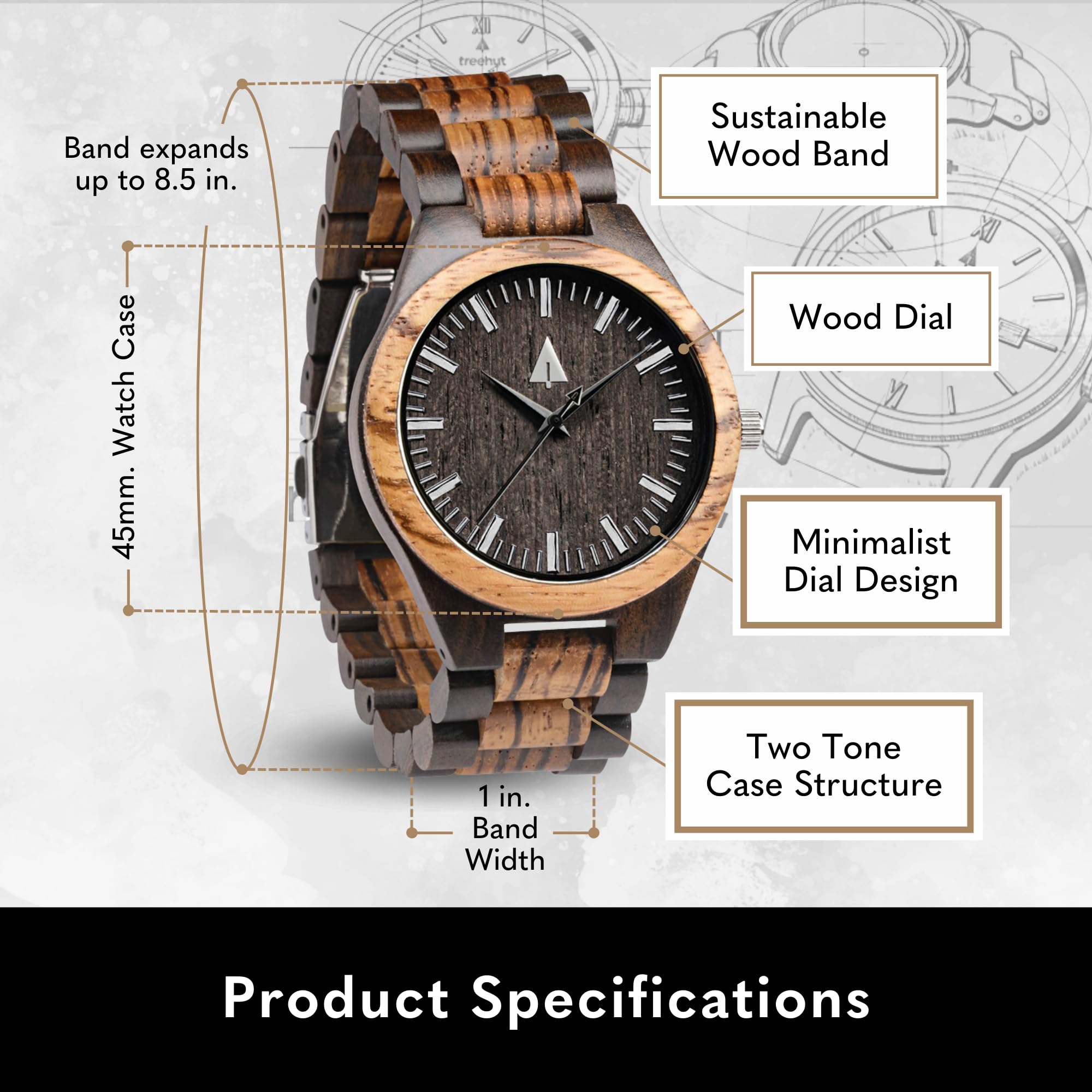 Men's Wooden Watches - Japanese Quartz Analog, Ebony & Walnut - Stylish for Daily Wear