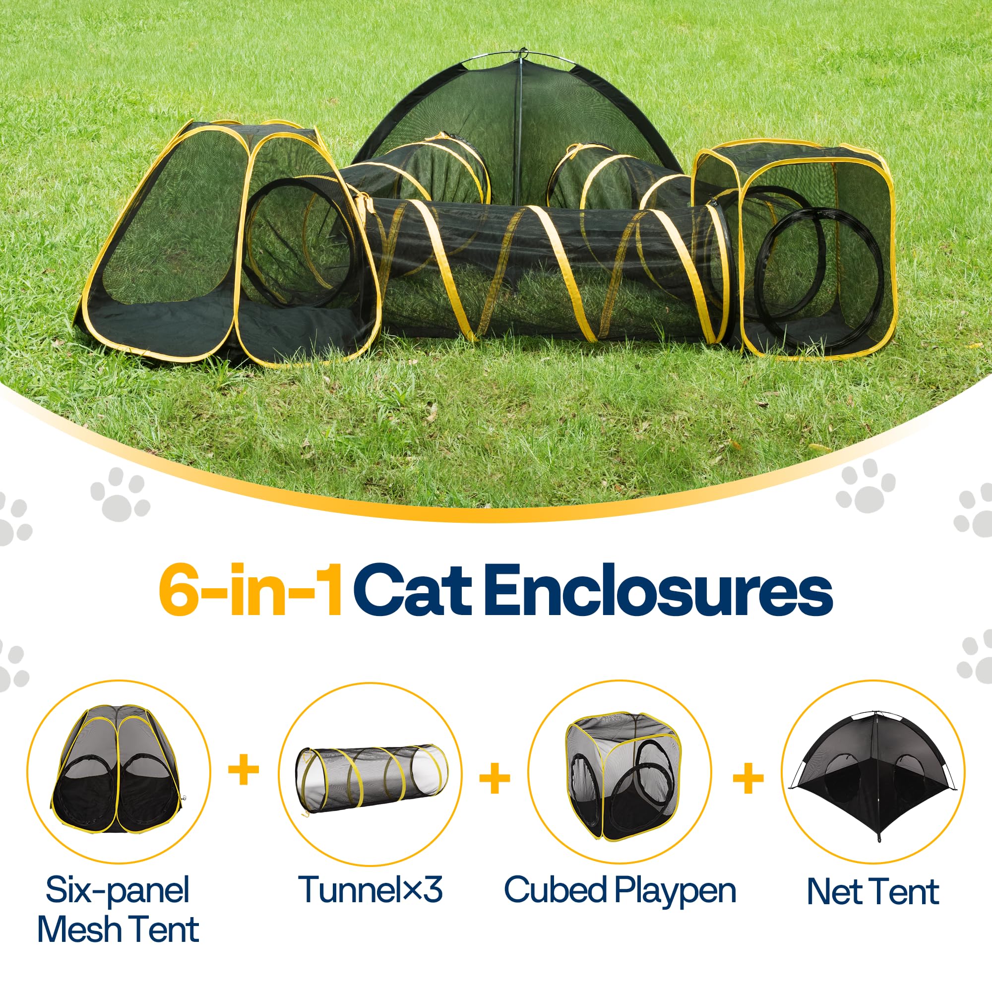 VIVOHOME 6-in-1 Outdoor Cat Enclosure with Playhouse, 2 Tents & 3 Tunnels - Portable Cat Playground with Leash & Mint Ball for Indoor/Outdoor Use - Perfect for Yard, Balcony, Camping & Pet Safety (Ideal for Kittens & Adult Cats)