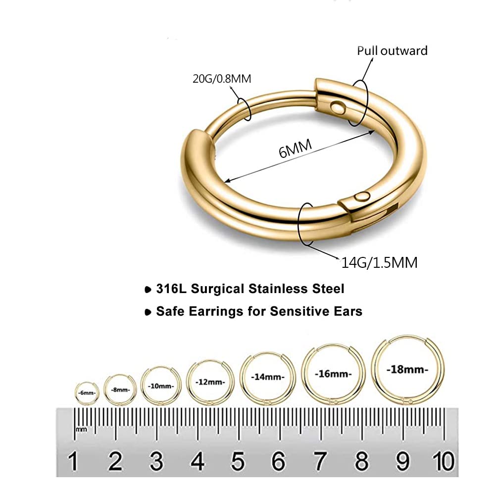 316L Surgical Stainless Steel Huggie Hoop Earrings - 6mm 8mm 10mm 11mm 12mm 14mm Hypoallergenic Cartilage Helix Earrings - Hinged Sleeper Hoops for Men & Women - Perfect for Daily Wear, Work, Parties and Gifts