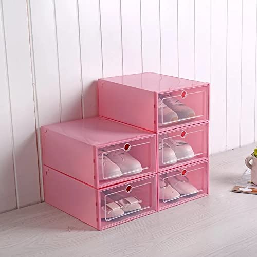 6-Piece Transparent Plastic Shoe Storage Box Organizer - PP Thickened Rectangle Shoe Drawers (33X23X14.5cm, Pink) | Perfect for Closet Organization, Underbed Storage & Small Space Shoe Display
