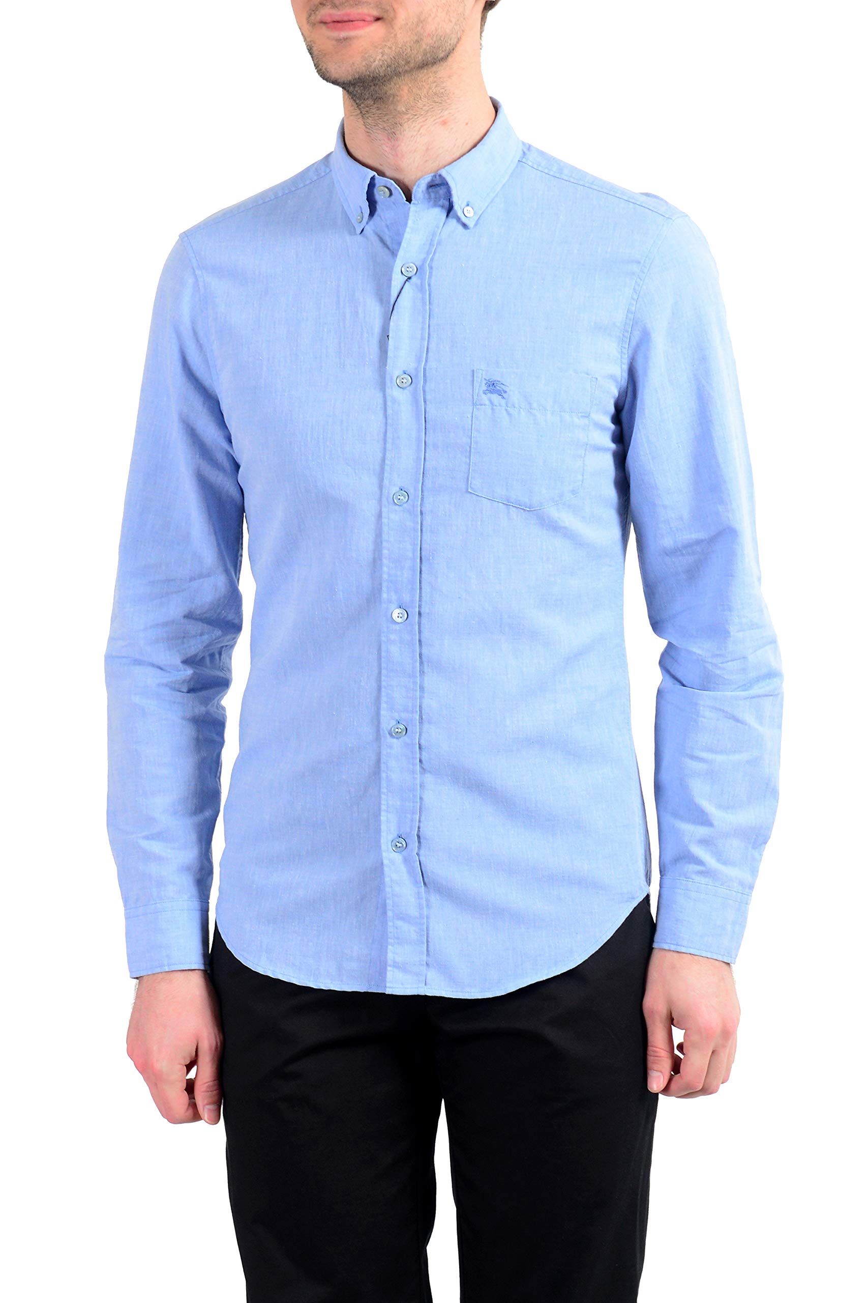 BURBERRY Men's Blue Linen Long Sleeve Button Down Shirt | Slim Fit US Size 48 | Premium Casual Wear for Office, Date Night & Summer Outings