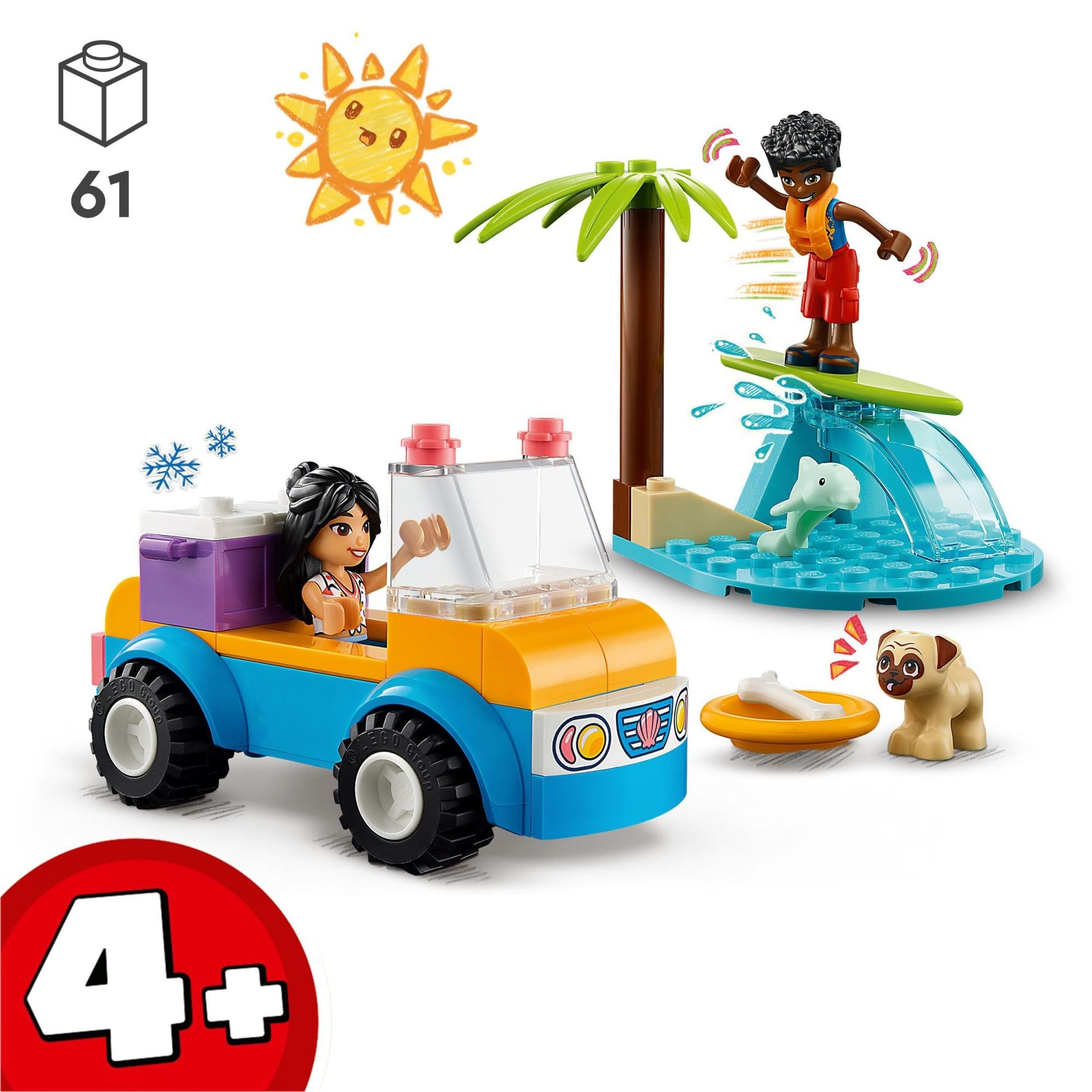 LEGO Friends Beach Buggy Fun 41725 Building Toy Set for Kids Ages 4+ | 2 Mini-Dolls, Pet Dog & Dolphin Figures, Beach Buggy Car & Accessories | Creative STEM Learning Toy for Toddlers | Perfect for Imaginative Play, Birthday Gifts & Beach-Themed Adventures