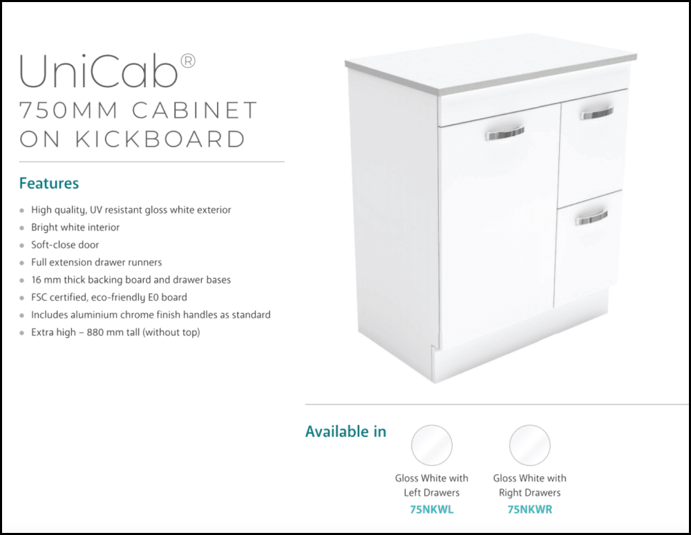 Fienza Dolce TCL75NKWR 750mm White Bathroom Vanity with Kicker & Right Hand Drawers - Modern Sink Cabinet for Small Bathrooms, Powder Rooms & Master Baths