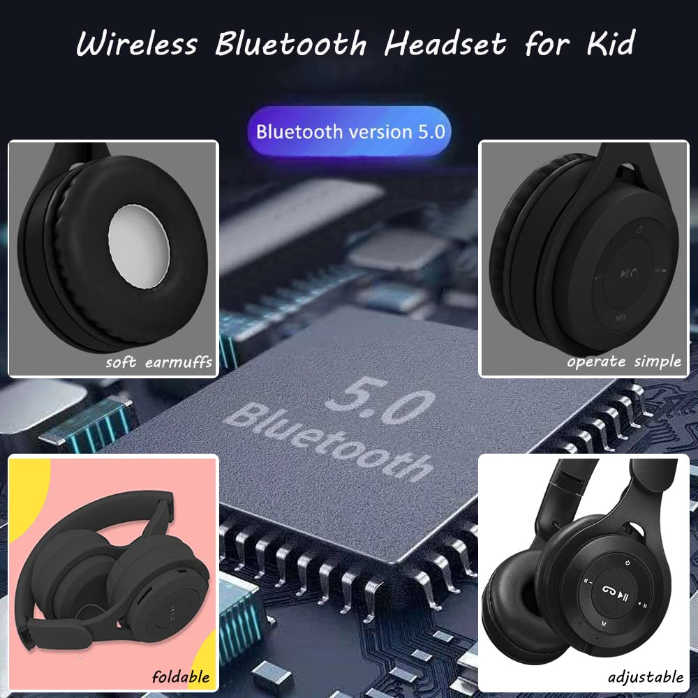 Wireless Bluetooth 5.0 Over-Ear Headphones for Kids - Comfortable Protein Earpads, Foldable Design, Built-in Mic & HiFi Sound - Perfect for School, Travel & Online Learning (Black)