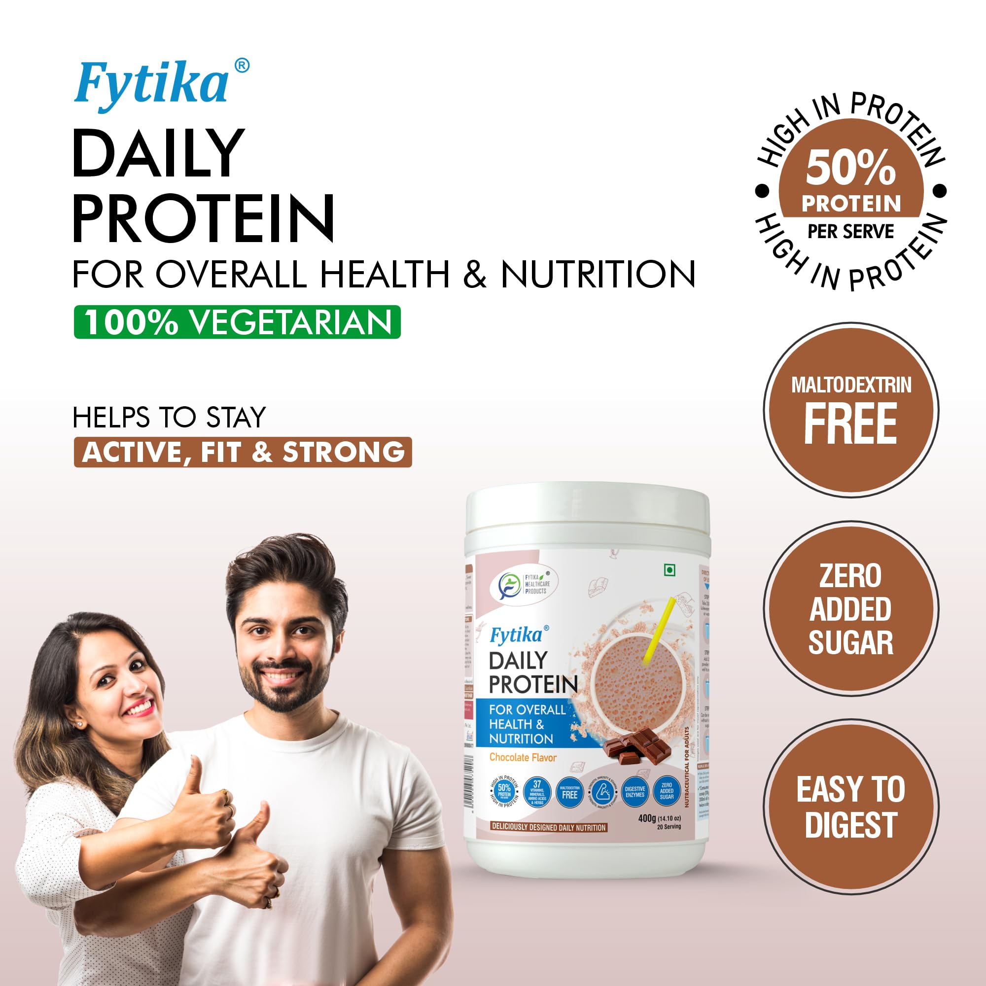 FYTIKA High Protein Powder for Adults - 50% Protein per Serving with 37 Essential Vitamins & Minerals | Chocolate Flavor | 400g Pack | Ideal for Post-Workout Recovery, Weight Management & Daily Nutrition for Men & Women