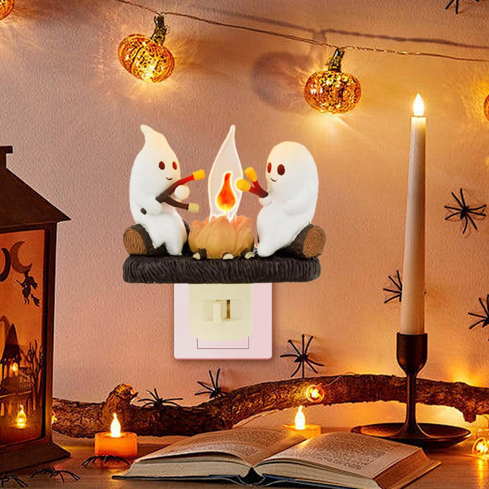 Ghost Bonfire Night Light - LED Halloween Lamp with 2 Ghosts Roasting Marshmallows, Flickering Campfire Effect, Plug-in Decor for Spooky Home & Party Use | Perfect for Halloween Decorations, Bedroom Nightlight, and Themed Parties
