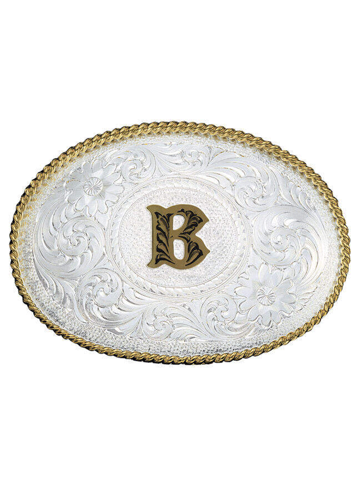 Montana Silversmiths 700 Initial Silver Engraved Gold Trim Western Belt Buckle for Men & Women - Perfect for Cowboy Boots, Jeans & Western Outfits