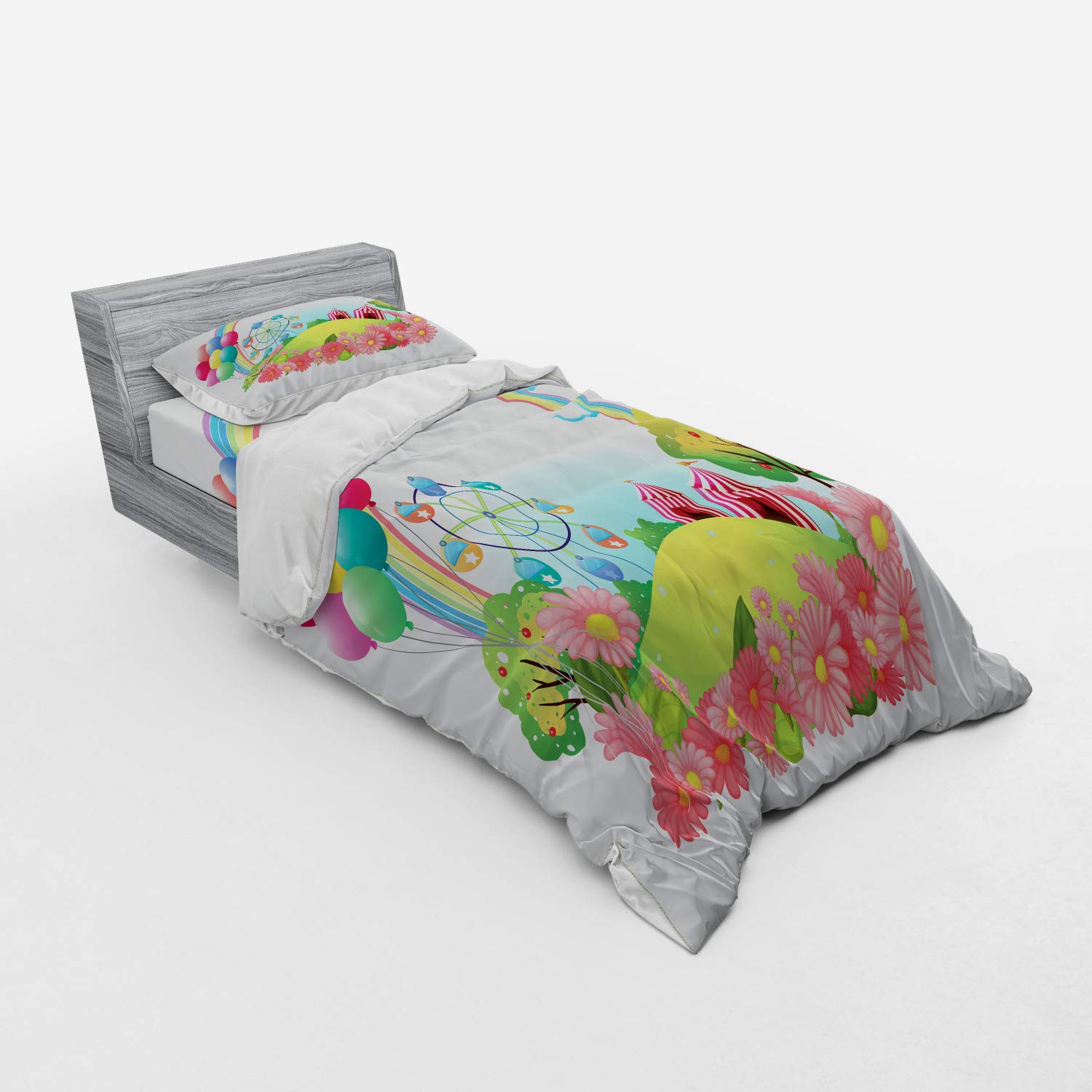 Ambesonne Circus Themed 3-Piece Twin Bedding Set - Duvet Cover, Sham & Fitted Sheet with Colorful Circus Tents, Balloons, Ferris Wheel & Rainbow Design | Perfect for Kids' Rooms, Themed Bedrooms & Circus Lovers