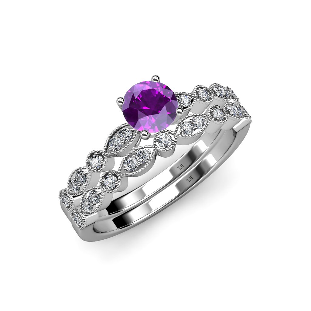 1.20ctw Amethyst & Diamond Marquise Dot Engagement Ring & Wedding Band Set in 14K White Gold - Perfect for Proposals, Anniversaries & Bridal Jewelry