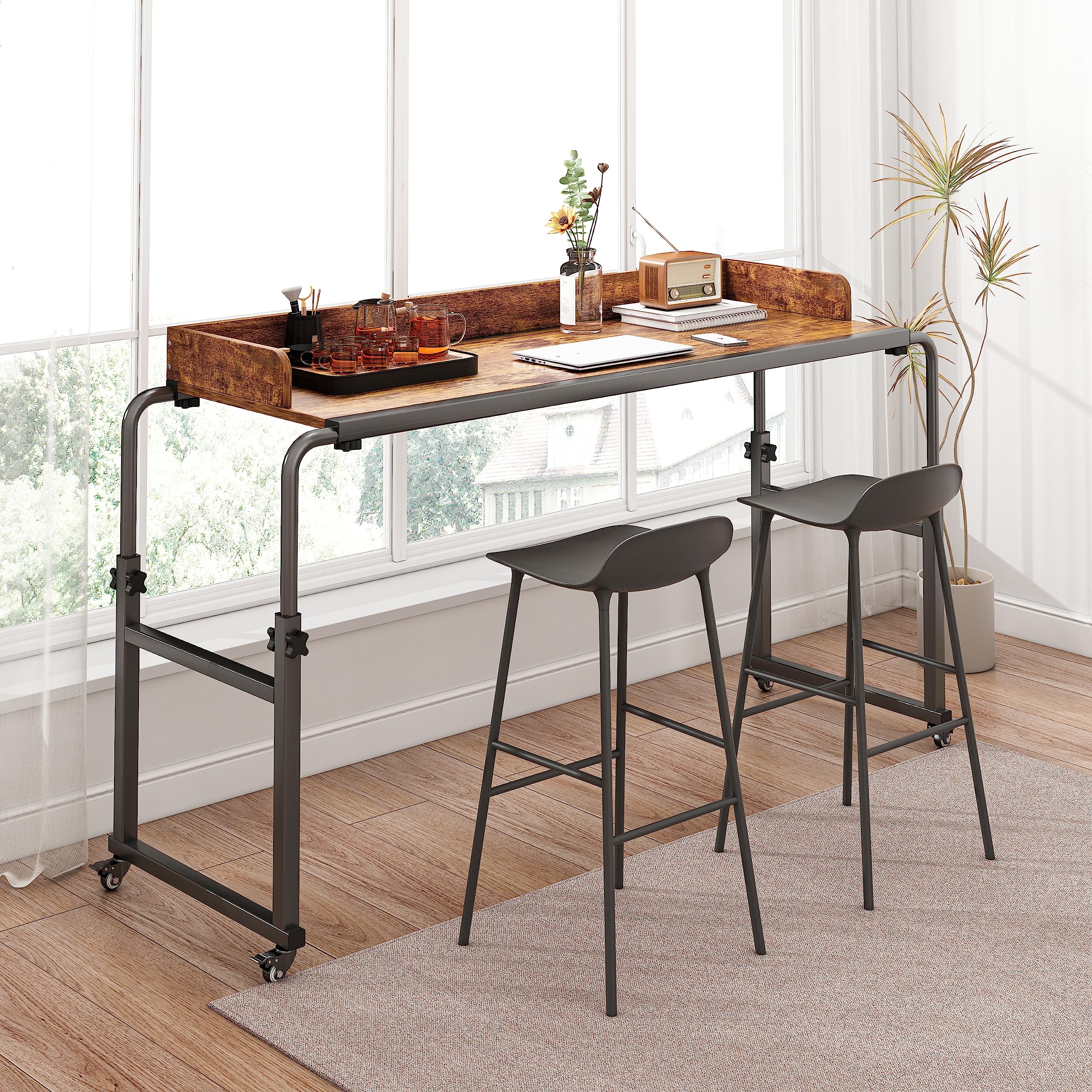 Adjustable Overbed Table with 360° Wheels - Queen Size Mobile Bed Desk for Hospital & Home Use - Heavy Duty Metal Legs, Height & Length Adjustable - Perfect for Eating, Working, Reading in Bed or Recliner