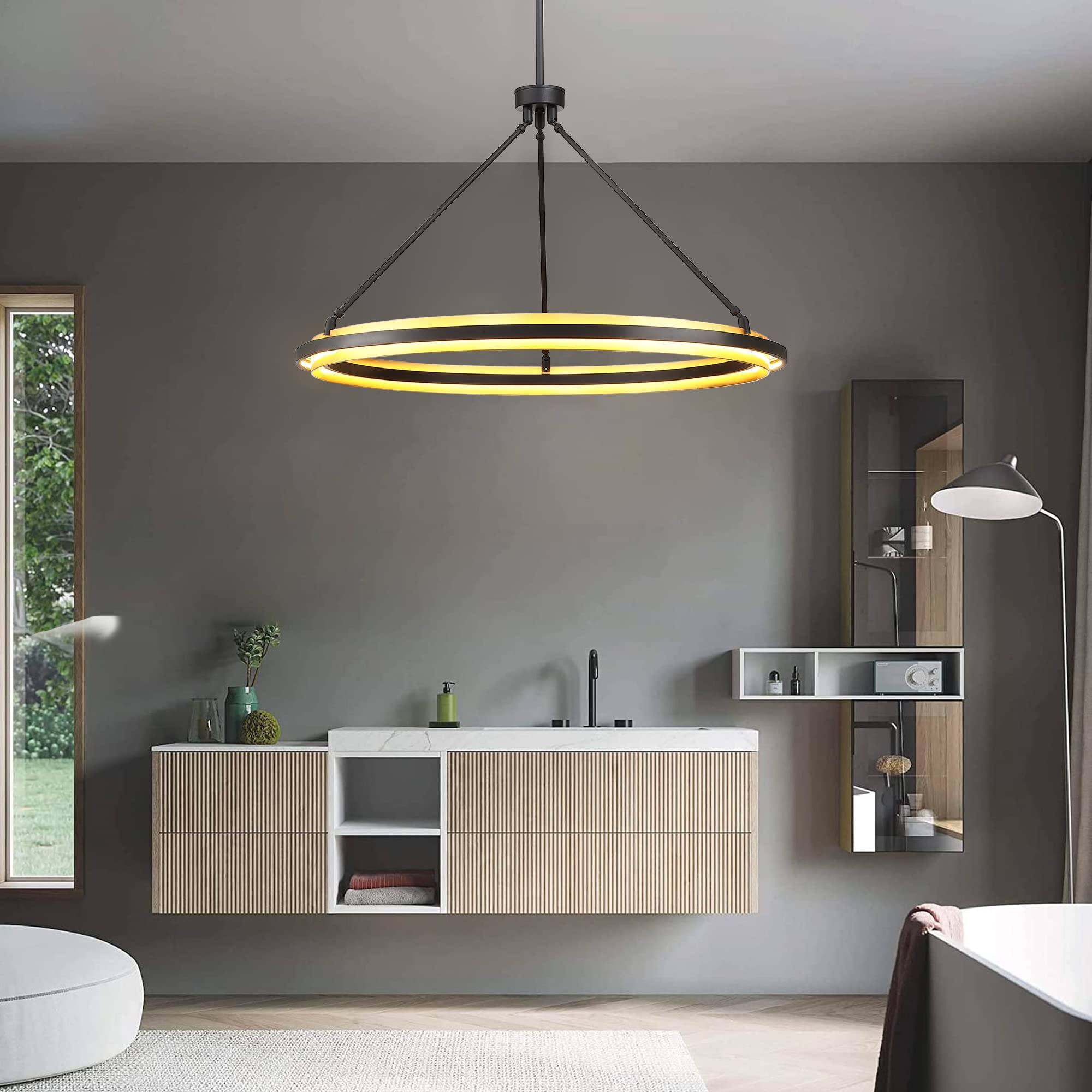 Modern Black & Gold LED Round Chandelier - Adjustable Hanging Pendant Light Fixture for Kitchen Island, Dining Room, Bedroom | Energy-Efficient Ceiling Lighting for Home Decor & Ambiance