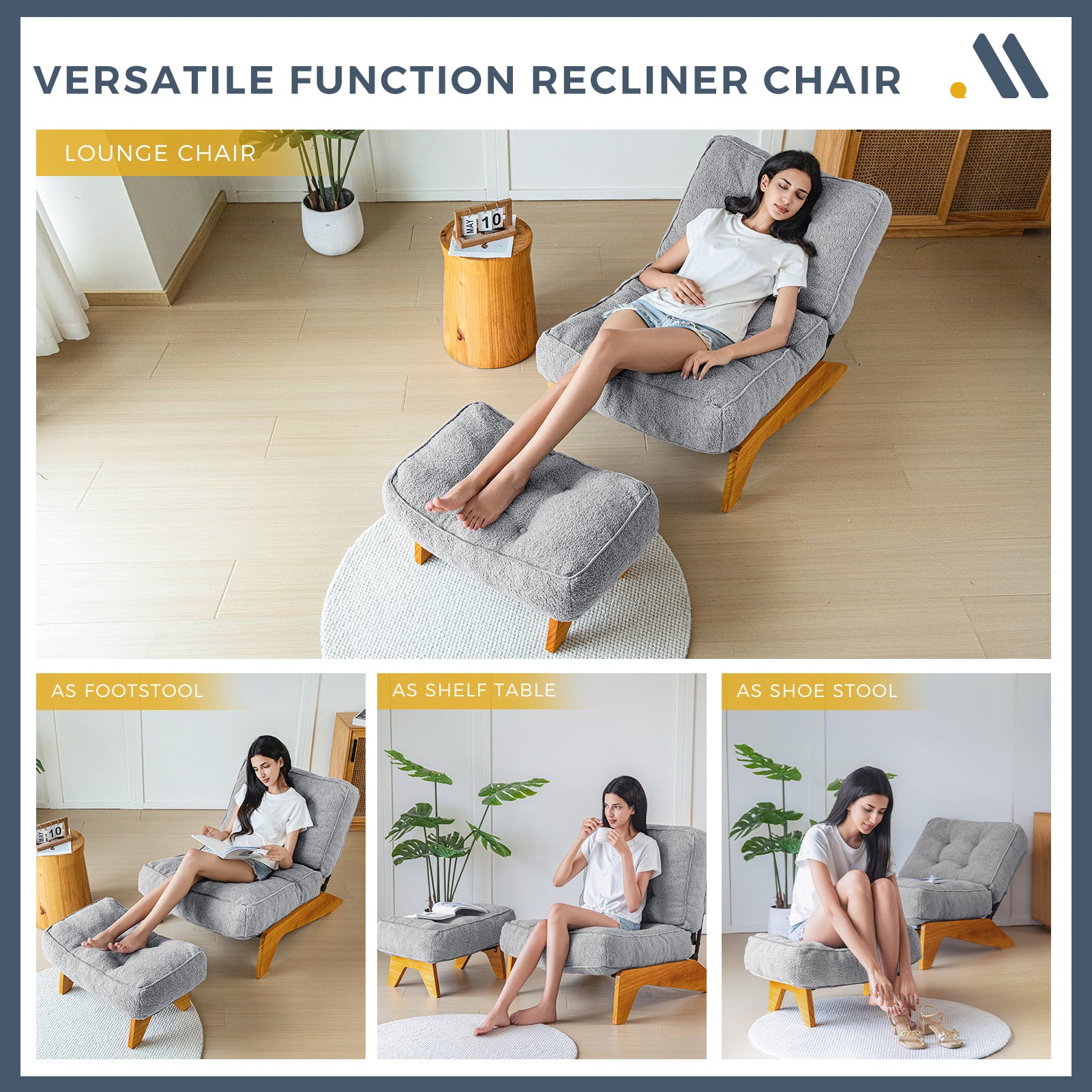 MAXYOYO Adjustable Accent Chair with Ottoman - Boucle Tufted Lounge Chair Set in Grey | Modern Living Room Furniture for Relaxing & Reading | Perfect for Home Office, Bedroom or Apartment Decor