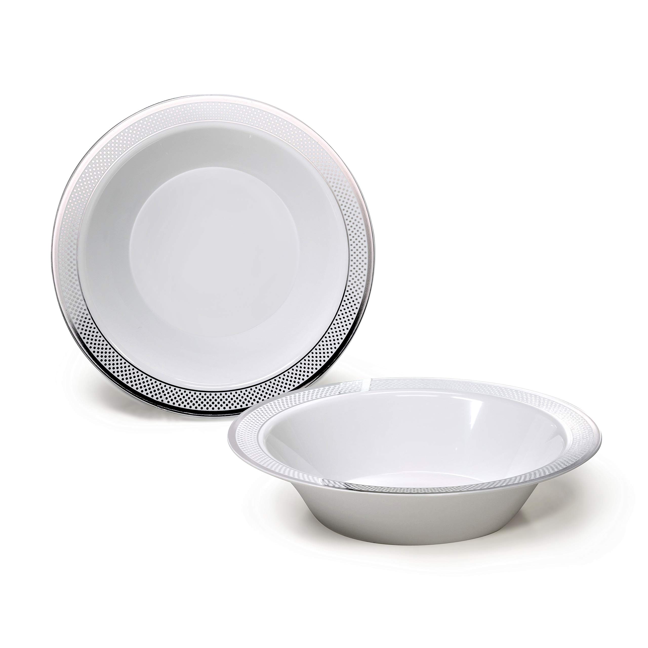 40-Piece Heavyweight Disposable Plastic Plates & Bowls Set - 14oz Soup Bowls for Wedding, Party, Catering - Elegant White & Silver Design - Perfect for Events, Picnics, and Family Gatherings