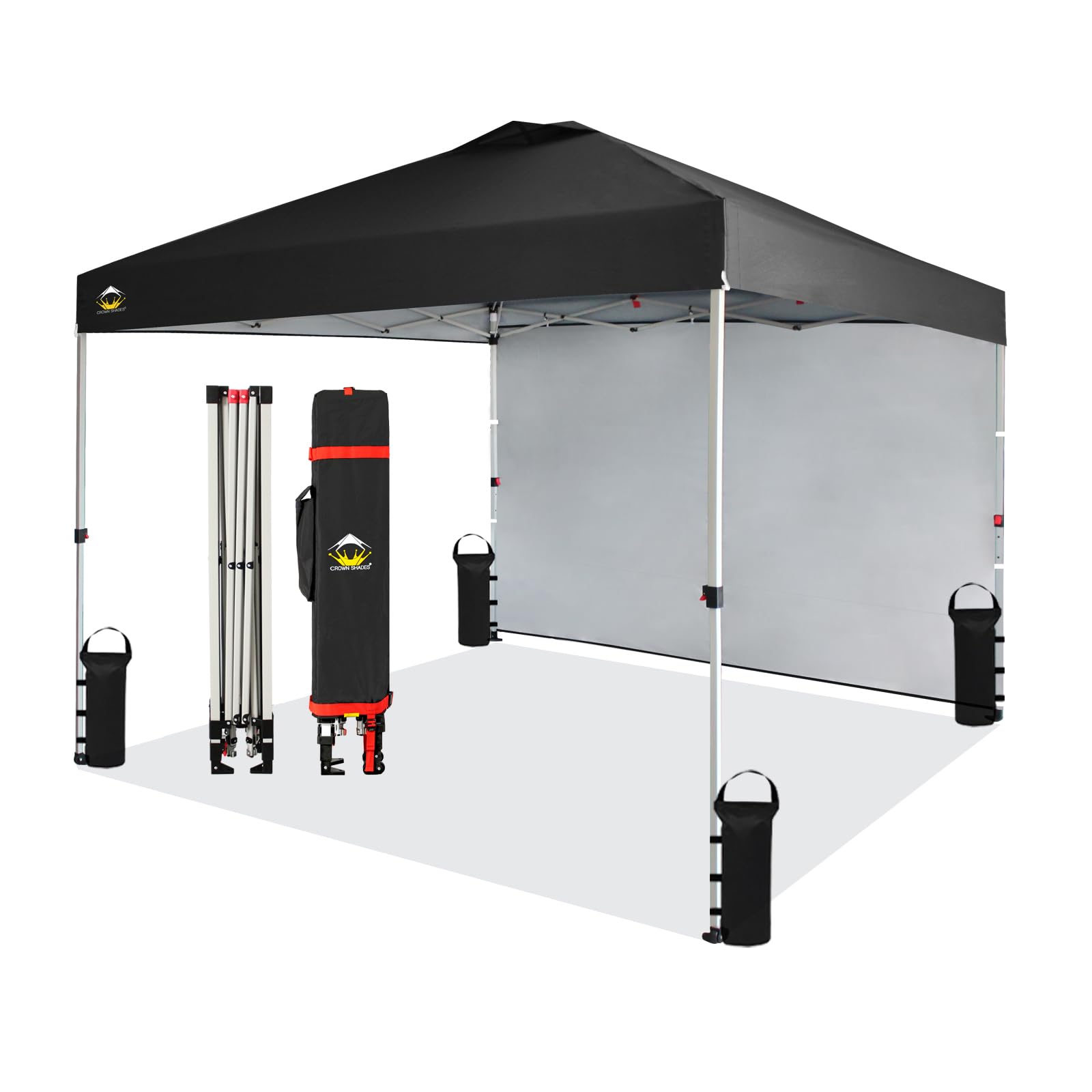 CROWN SHADES 10x10 Pop Up Canopy Tent with 1 Side Wall - Instant Setup Beach Shade for Outdoor Events, Parties & Camping - Portable Gazebo with STO-N-Go Carry Bag (Black) - Perfect for Backyards, Picnics, Tailgating & Beach Trips