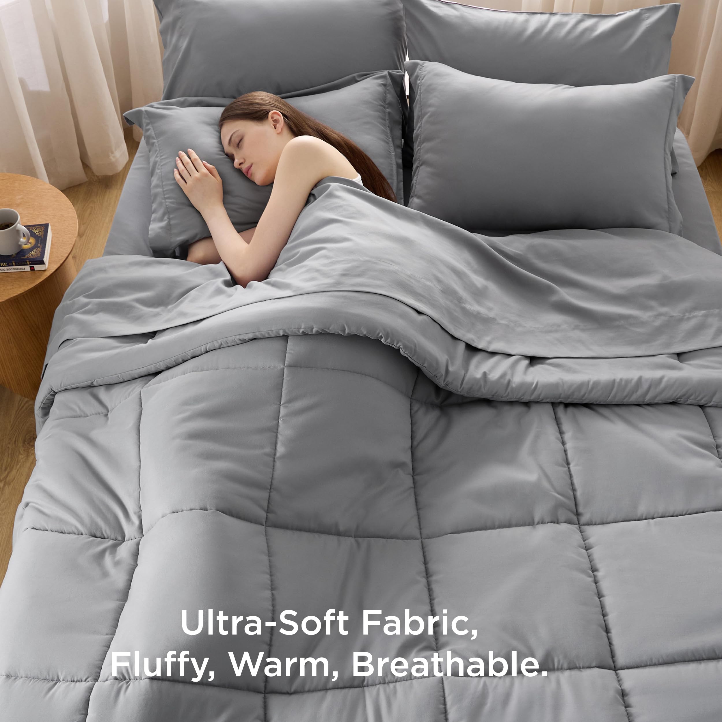 Bedsure Grey 7-Piece Full Comforter Set - Soft Solid Bed in a Bag Includes Comforter, Sheets, Pillowcases & Shams | Perfect for Cozy Bedroom, Guest Room & Dorm Essentials