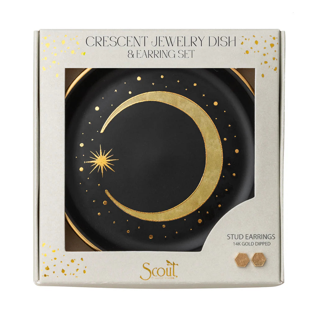 Elegant Crescent Moon Dish & Gold Hoop Earrings Set - Perfect for Home Decor, Jewelry Gifts & Boho Style Accessories