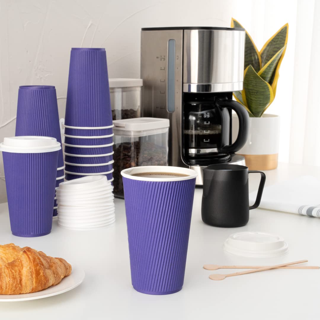 16oz Disposable Coffee Cups - 500 Pack Royal Purple Ripple Wall Paper Cups with Rolled Rim | Insulated Hot Cups for Coffee, Tea, Hot Chocolate | Perfect for Cafes, Offices, Events & Takeout