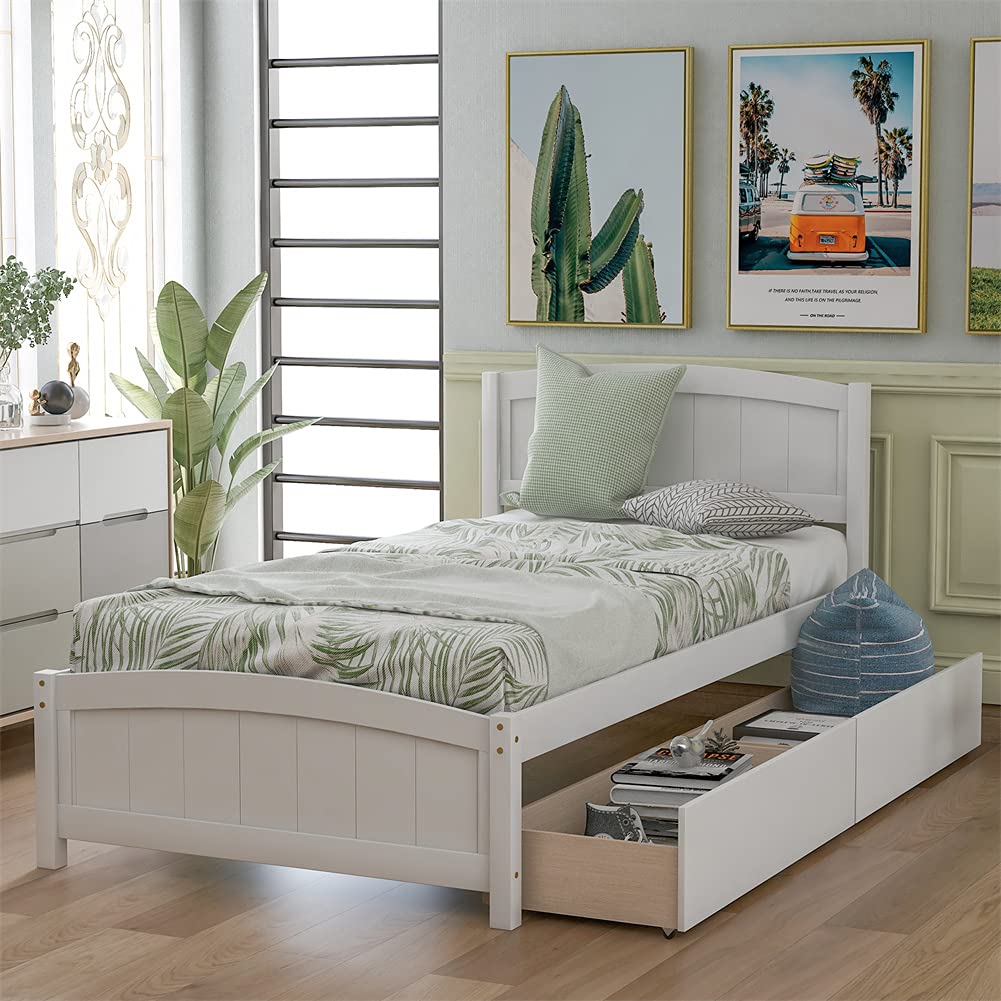 Twin Size Platform Bed Frame with 2 Drawers, Wooden Headboard & Footboard - Space Saving Design, White | Perfect for Small Bedrooms, Kids Rooms & Studio Apartments