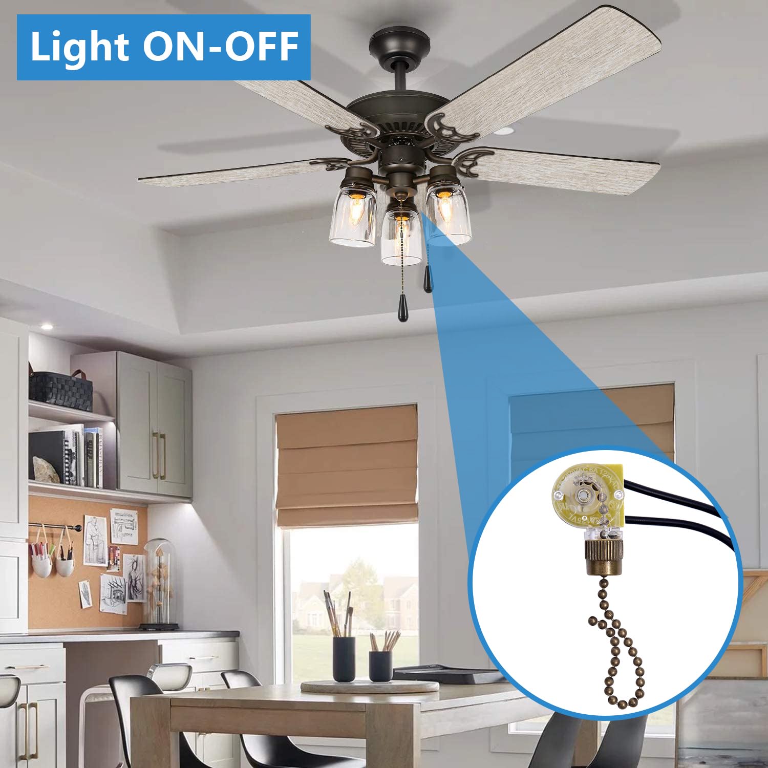Zing Ear ZE-109 Ceiling Fan Switch with Pull Chain - 3 Speed Control & On/Off Function - Compatible with Hunter and Other Ceiling Fans, Lamps, Wall Lights (Bronze Finish) - Perfect for Bedroom, Living Room, and Office Lighting Control