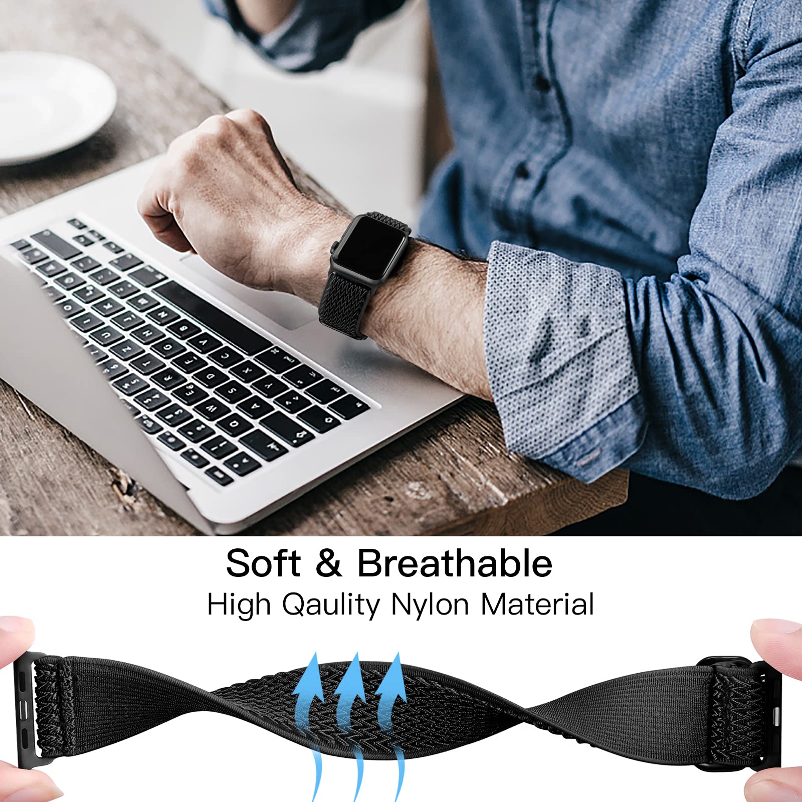 Lerobo Stretchy Nylon Solo Loop Sport Band for Apple Watch Series 8/7/6/5/4/3/2/1/SE - Adjustable Soft Breathable Watch Strap for Women & Men (45mm/44mm/42mm) - Perfect for Running, Workouts & Daily Wear