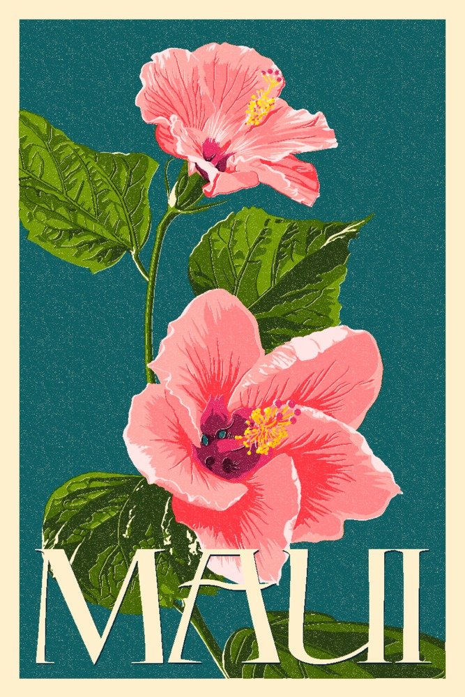 Hawaiian Pink Hibiscus Flower Letterpress Art Print - Signed 24x36 Wall Decor Poster for Home & Office | Maui Tropical Floral Artwork, Perfect for Living Room, Bedroom & Beach House Decor