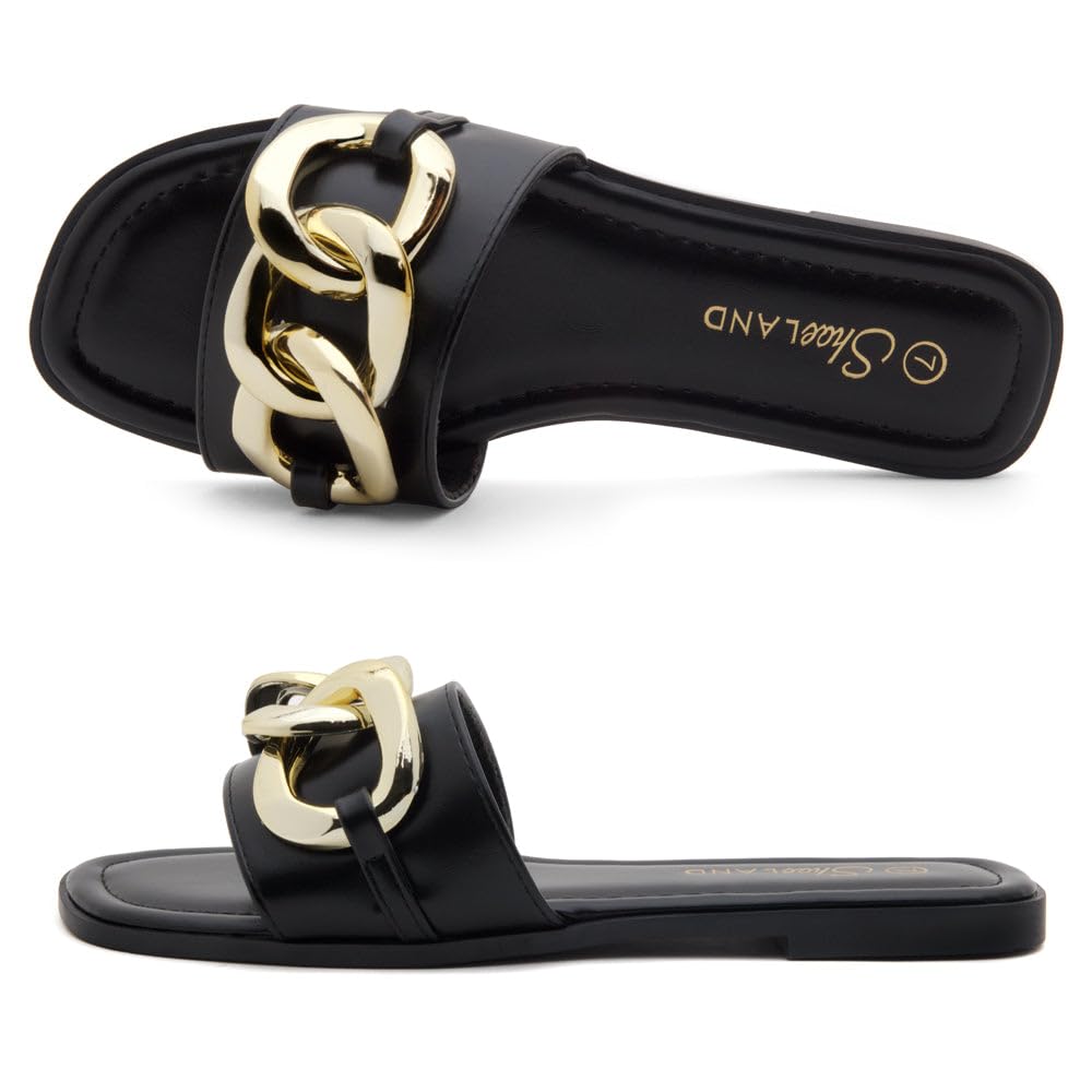 EMMA Women's Flat Sandals - Square Open Toe Slides with Metal Chain & Cushioned Footbed | Comfortable Slip-On Slippers for Summer, Beach, Casual Outfits & Daily Wear