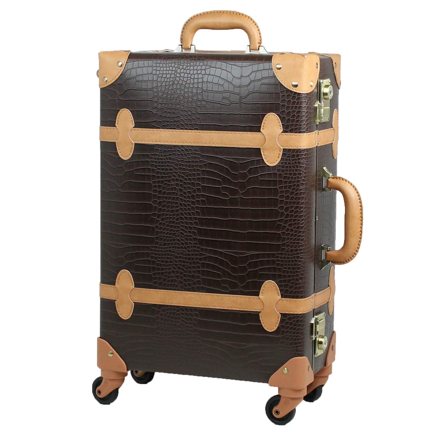 Vintage TSA Lock Trolley Luggage - X-Small Crocodile Brown & Beige Suitcase for Travel, Business Trips & Weekend Getaways