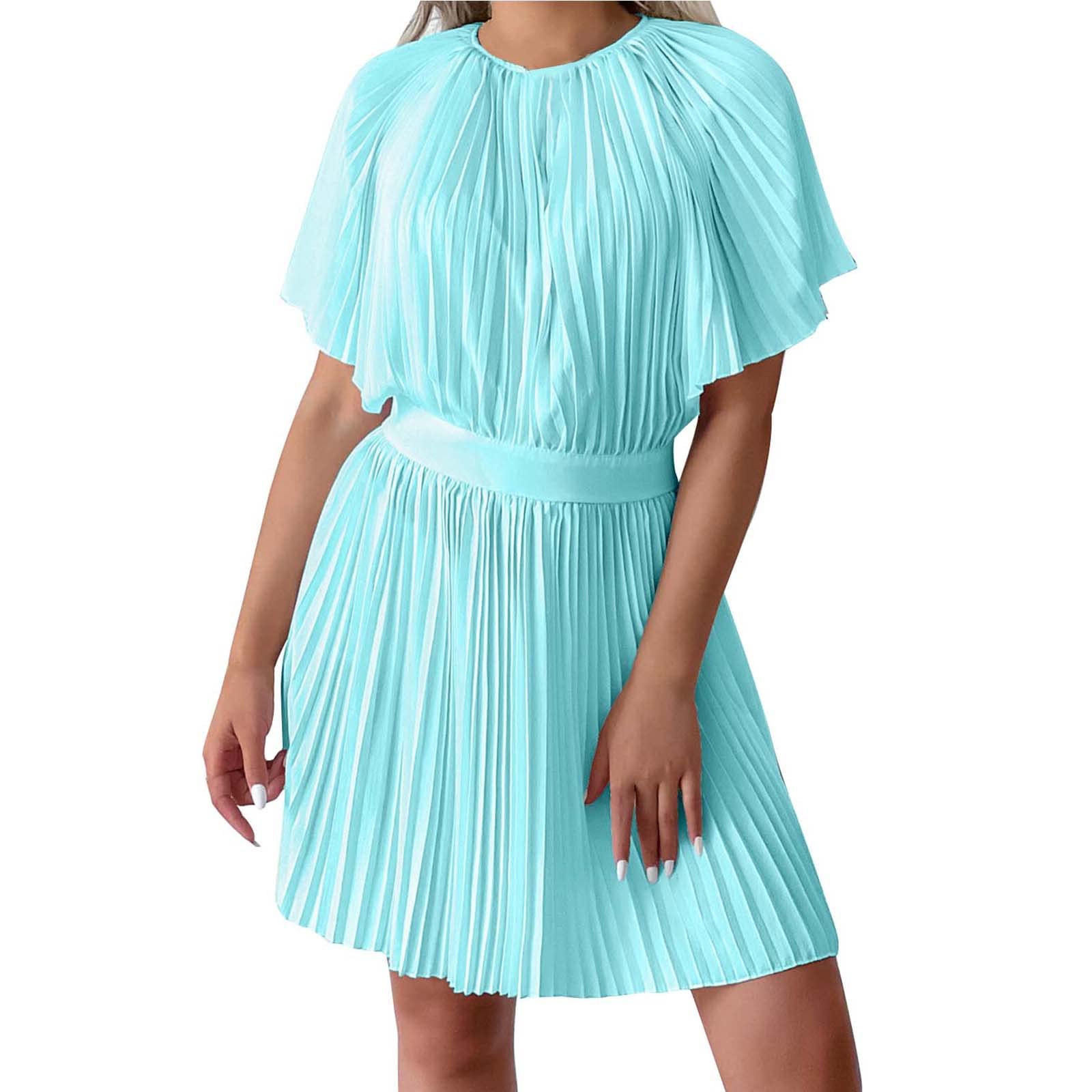 Luciava Women's Summer Dresses 2024 - Round Neck Pleated Short Dress with Puff Sleeves, Lightweight Party Dress for Beach Vacation, Date Night & Casual Outings