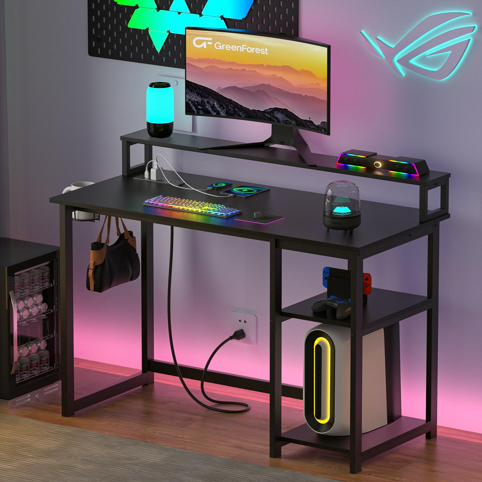 GreenForest 47 inch Gaming Desk with Power Outlets & Ergonomic Monitor Stand - Reversible Computer Desk for Home Office, Study, Gaming & Work - Black (Perfect for Small Spaces, PC Setup & Remote Work)
