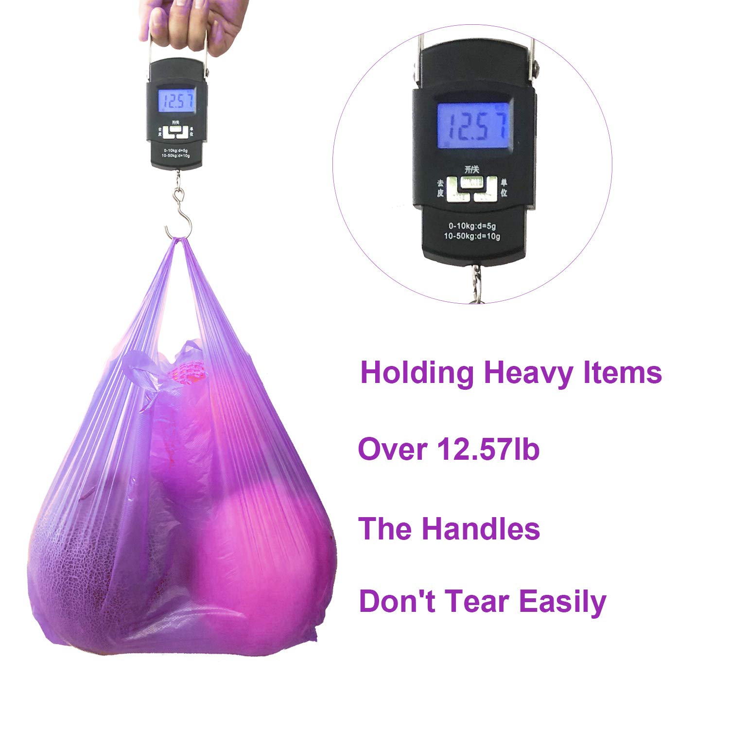 LazyMe Heavy Duty Plastic Grocery Bags with Handles - 12x20 Inch Bulk Shopping Bags for Supermarkets, Restaurants & Retail Stores (100 Pack, Purple) - Perfect for Grocery Shopping, Takeout Orders & Retail Packaging