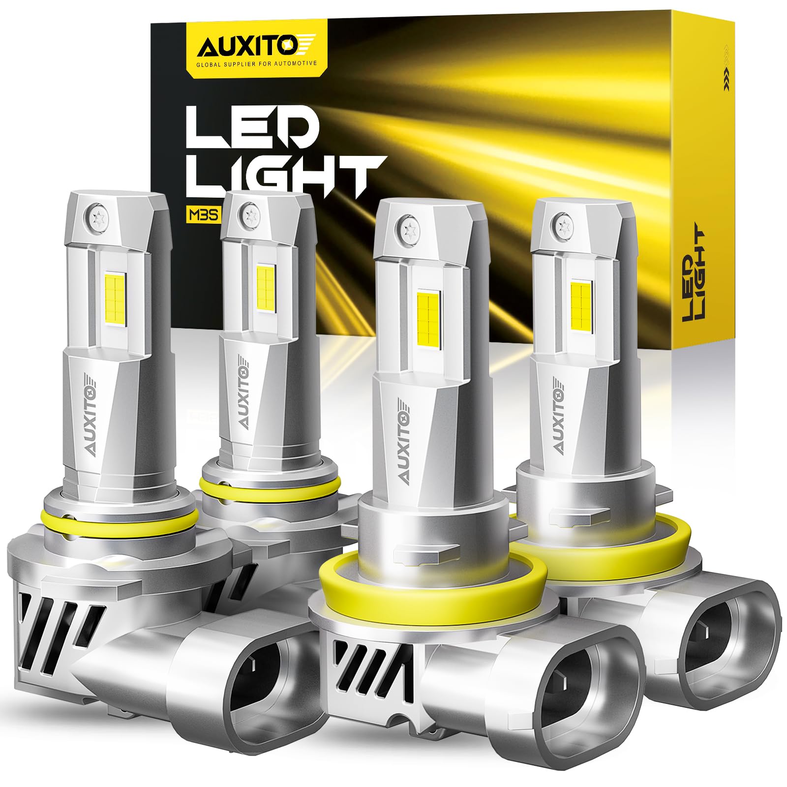 AUXITO 9005/HB3 H11/H8/H9 LED Bulbs Combo - 2024 Upgraded M3S, 800% Brighter 6500K Cool White, 1:1 Mini Size, Plug and Play - Perfect for Cars, Trucks, SUVs, and Motorcycles (Pack of 4)