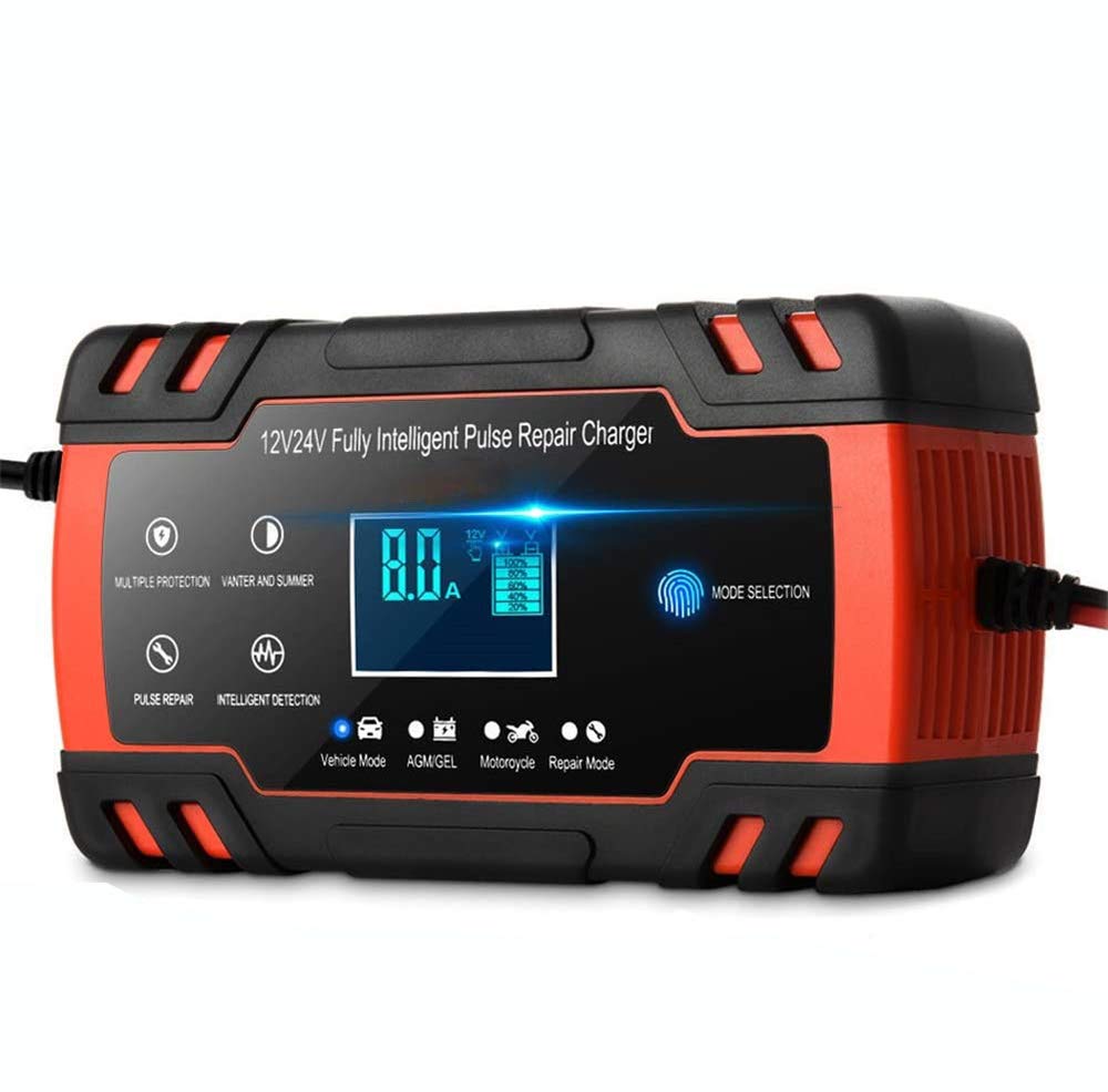 JDH Smart Battery Charger - 12V/24V Universal Portable Battery Pulse Repair Charger & Maintainer for Automotive, Motorcycle, Lawn Mower - Perfect for Home, Garage & Roadside Emergency Use