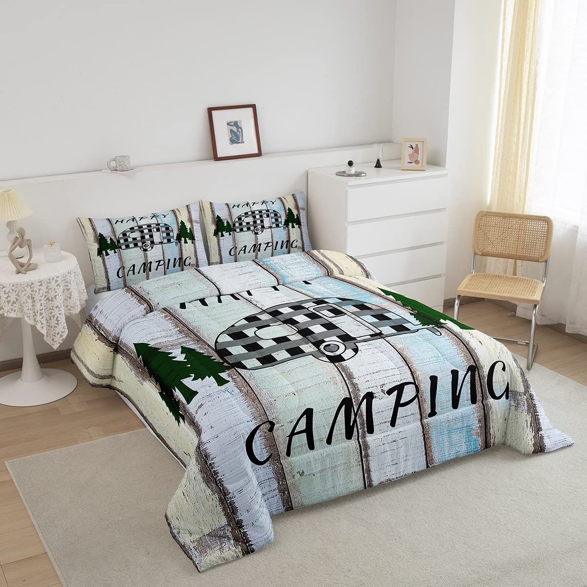 Happy Camping Comforter Set - Queen Size for RV & Farmhouse Decor | Kids Bedroom & Trailers
