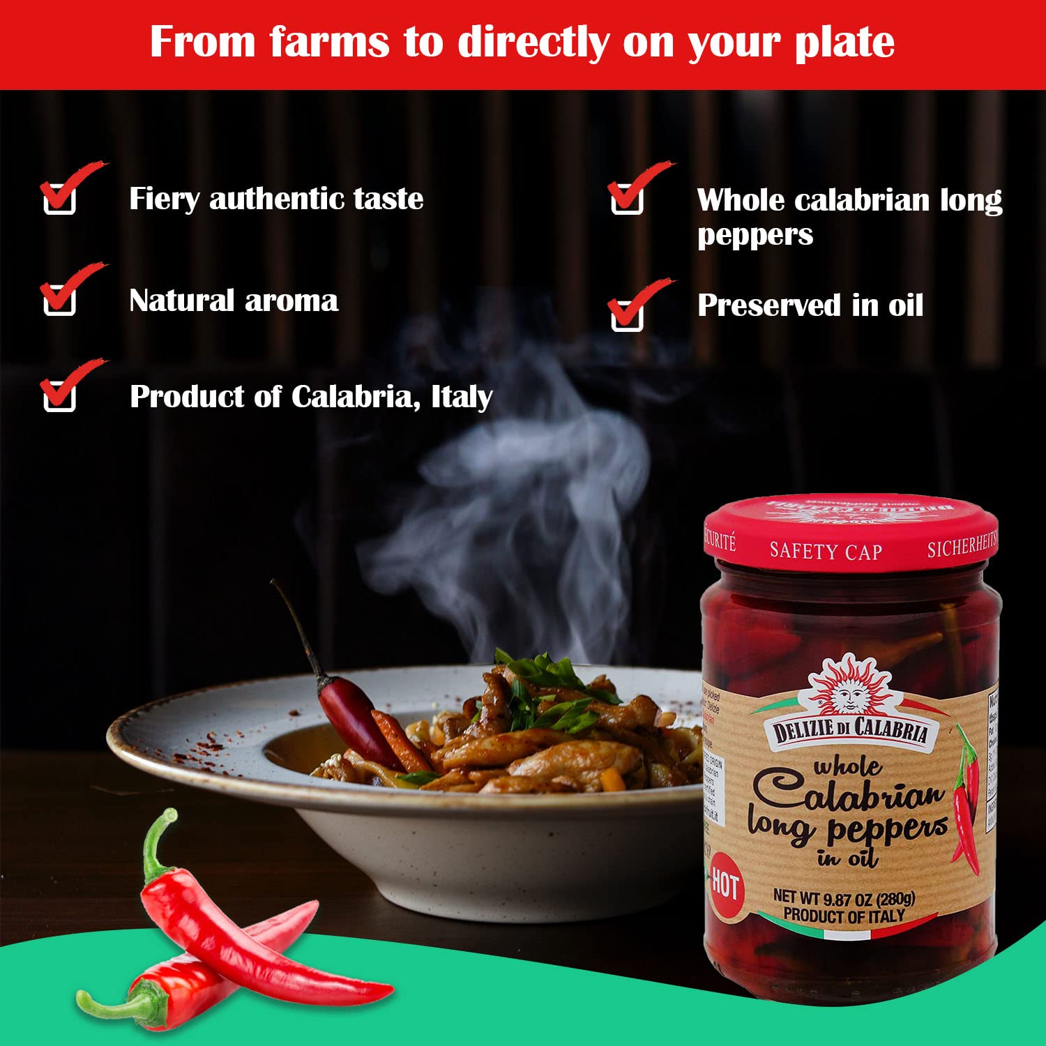 Delizie Di Calabria Whole Calabrian Long Peppers in Oil - Authentic Italian Hot Chili Peppers in White Wine Vinegar & Sunflower Oil - Gourmet Seasoning for Pizza, Pasta, Salads & Sandwiches - Perfect for Italian Recipes, Meal Prep & Charcuterie Boards (9.87 oz)