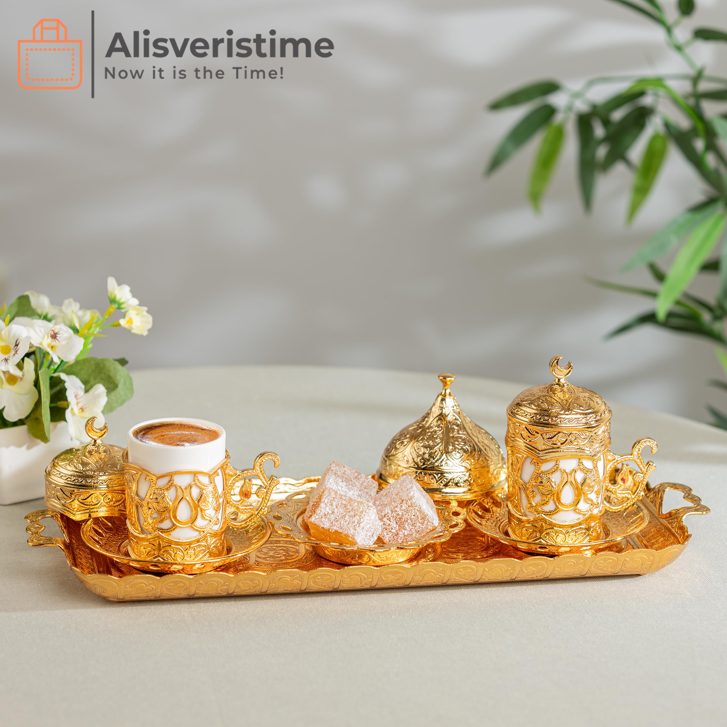 Premium Ottoman Turkish Greek Arabic Espresso Coffee Cups with Saucer and Lid - Set of 2, Gold Hilal Design - Perfect for Middle Eastern Coffee Ceremonies, Home Decor & Gift Giving