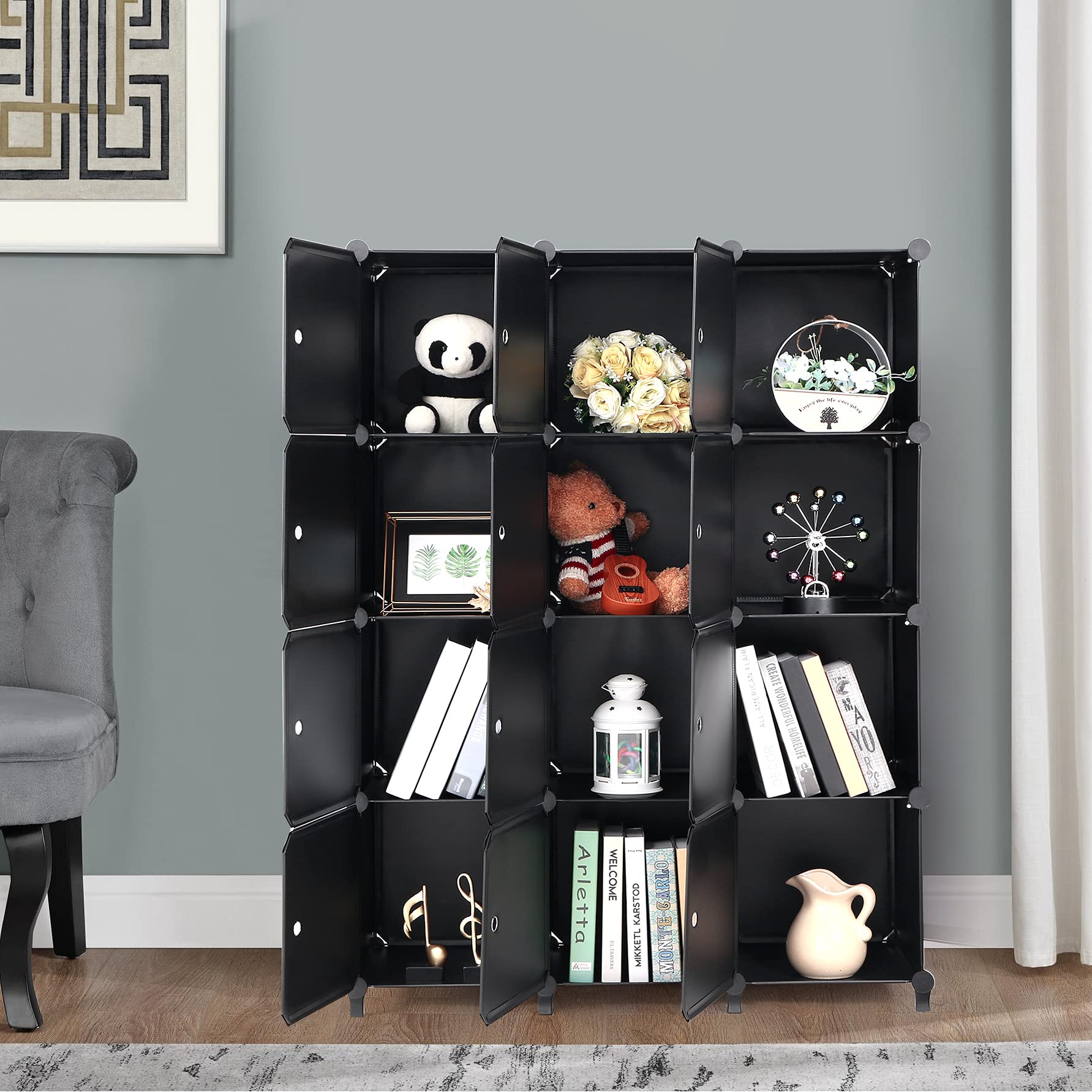 ANWBROAD 12-Cube Storage Organizer with Doors - Black Cube Shelves for Bedroom, Bookshelf, Closet & Office Organization | Space-Saving Modular Storage Solution