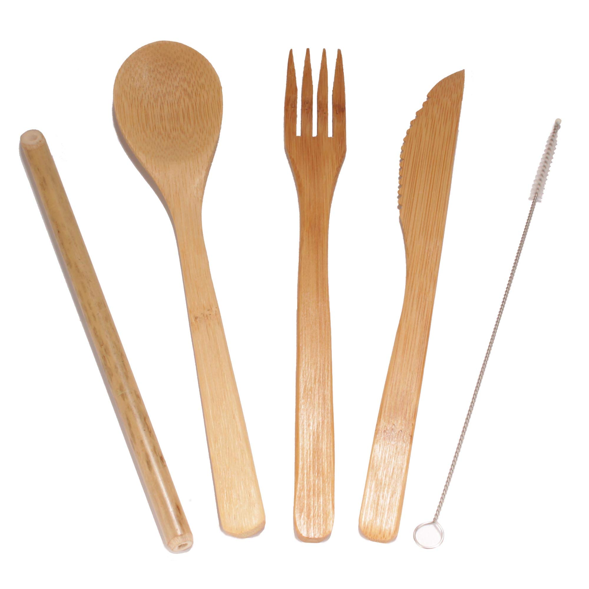 Eco-Friendly Bamboo Utensil Set - 2 Reusable Straws, Forks, Knives & Spoons with Cleaning Brushes | Sustainable Travel & Picnic Essentials | BPA-Free, Biodegradable Cutlery for Camping, Office & Outdoor Dining