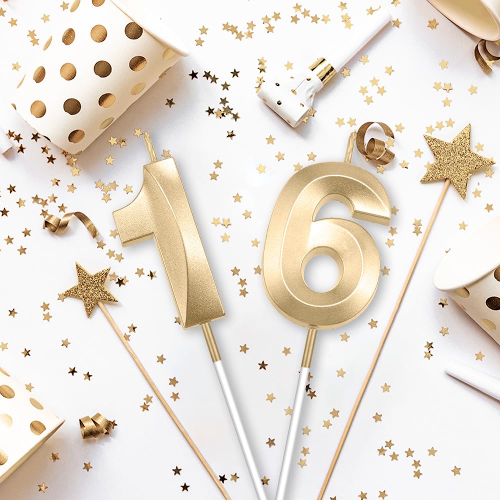 16th Birthday Candles - Gold Number Cake Toppers for Birthday Party Decorations, Wedding & Anniversary Celebrations (Champagne Gold) | Perfect for Milestone Birthdays, Sweet 16 Parties & Special Occasions