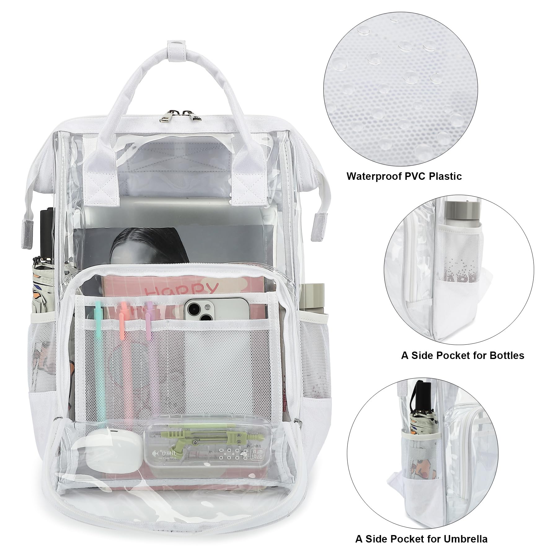 Heavy Duty Clear Backpack for Men & Women - PVC Transparent School Backpack for Boys & Girls (White) | Perfect for School, Travel, Work & Security Checkpoints