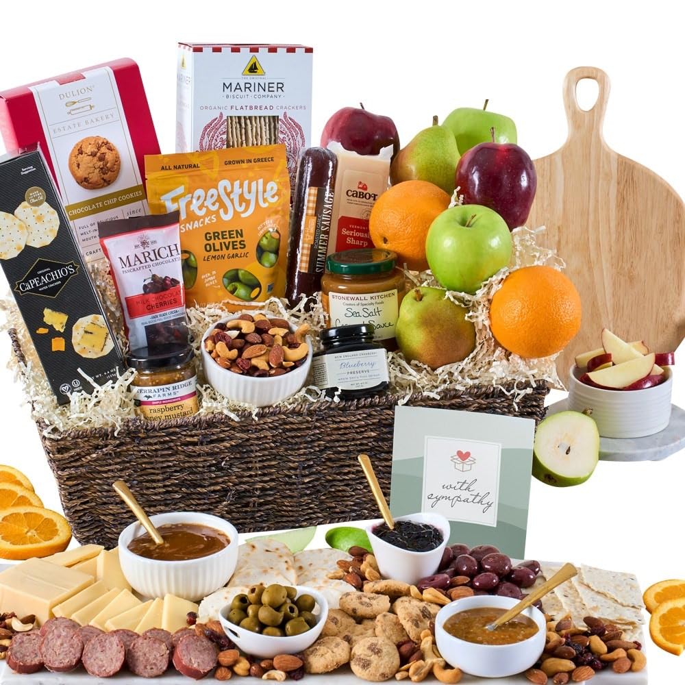 Premium Sympathy Gift Basket - Fresh Fruits, Gourmet Cheese, Deli Meats, Chocolate, Crackers, Olives & Cookies | Thoughtful Condolence Present for Funeral, Memorial Service & Bereavement Support