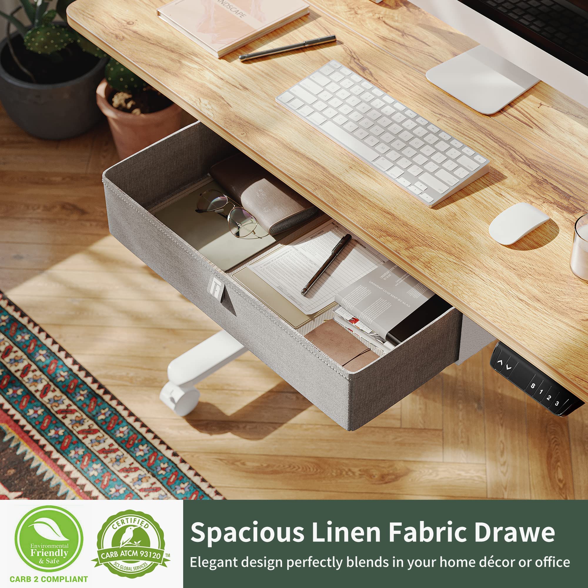 FEZIBO 40 x 24 Inches Electric Standing Desk with Drawer - Adjustable Height Sit Stand Desk with Storage, Ergonomic Home Office Computer Desk in Light Rustic Finish | Perfect for Remote Work, Gaming & Study Spaces