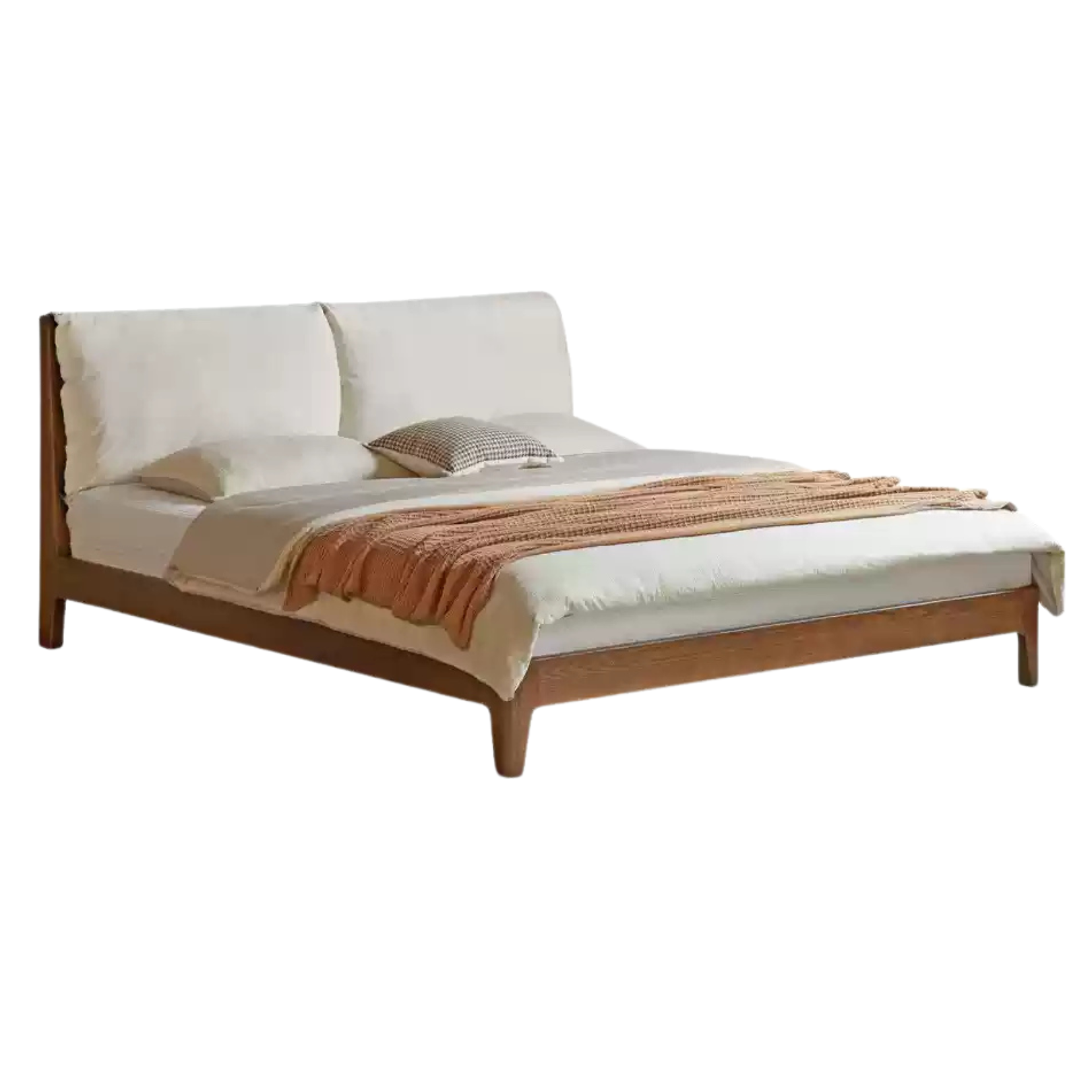 Solid Oak Wood Bed Frame with Soft Fabric Upholstered Headboard - Queen Size, Modern Minimalist Design for Bedroom, Guest Room, or Dorm