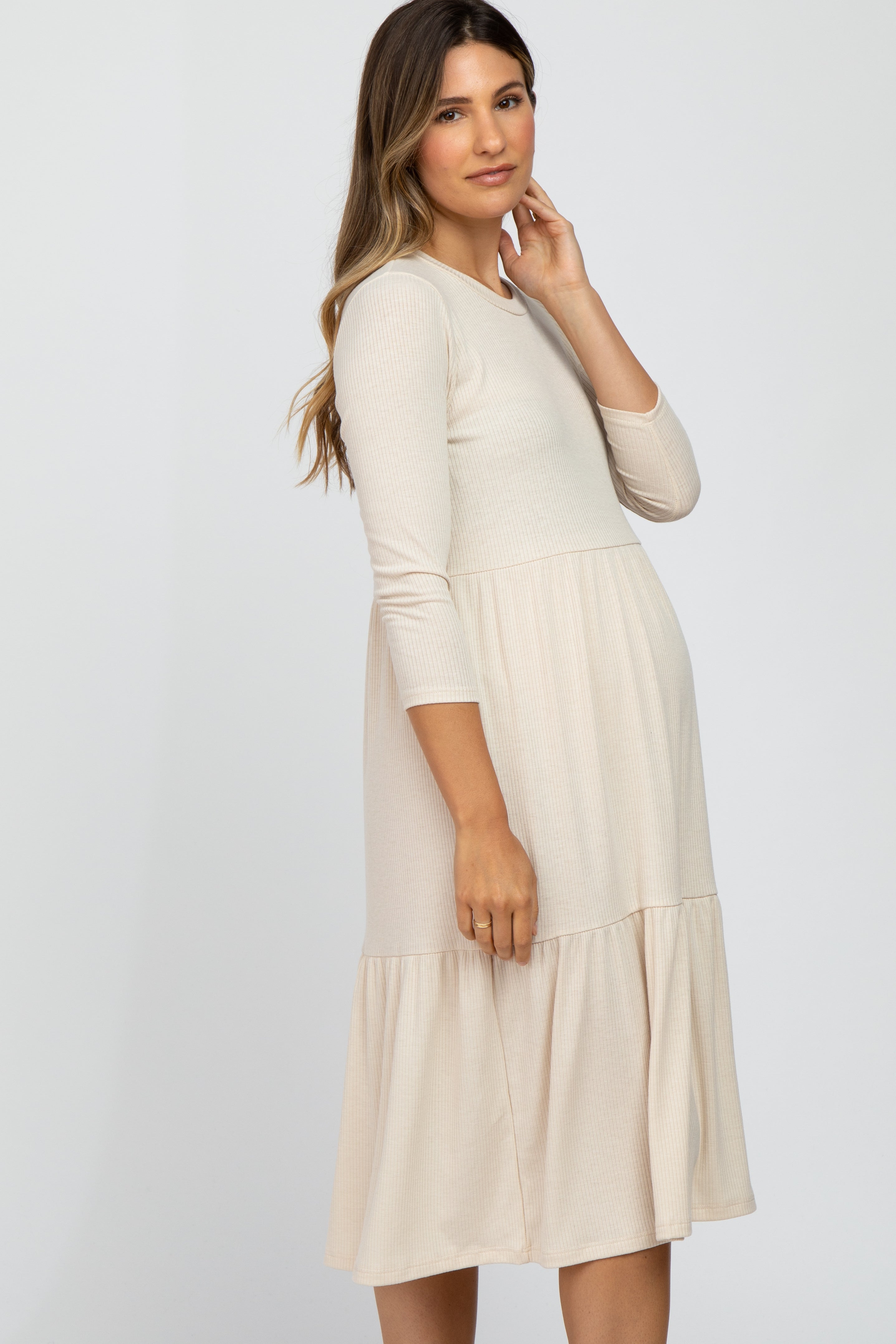 Beige Tiered Ribbed 3/4 Sleeve Maternity Midi Dress for Pregnancy - Comfortable Nursing Dress for Women, Perfect for Baby Shower, Maternity Photo Shoot & Casual Outings